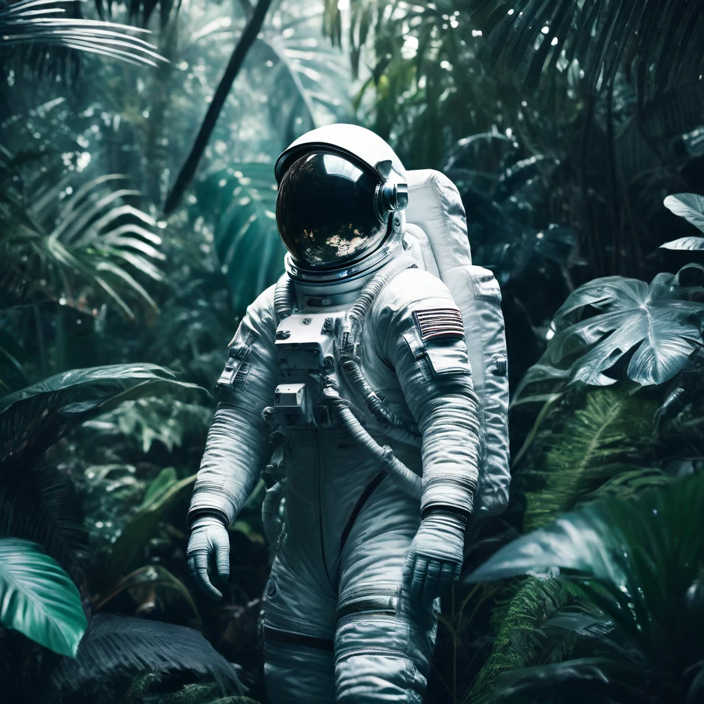 Astronaut in a jungle, cold color palette, muted colors, detailed, 8k