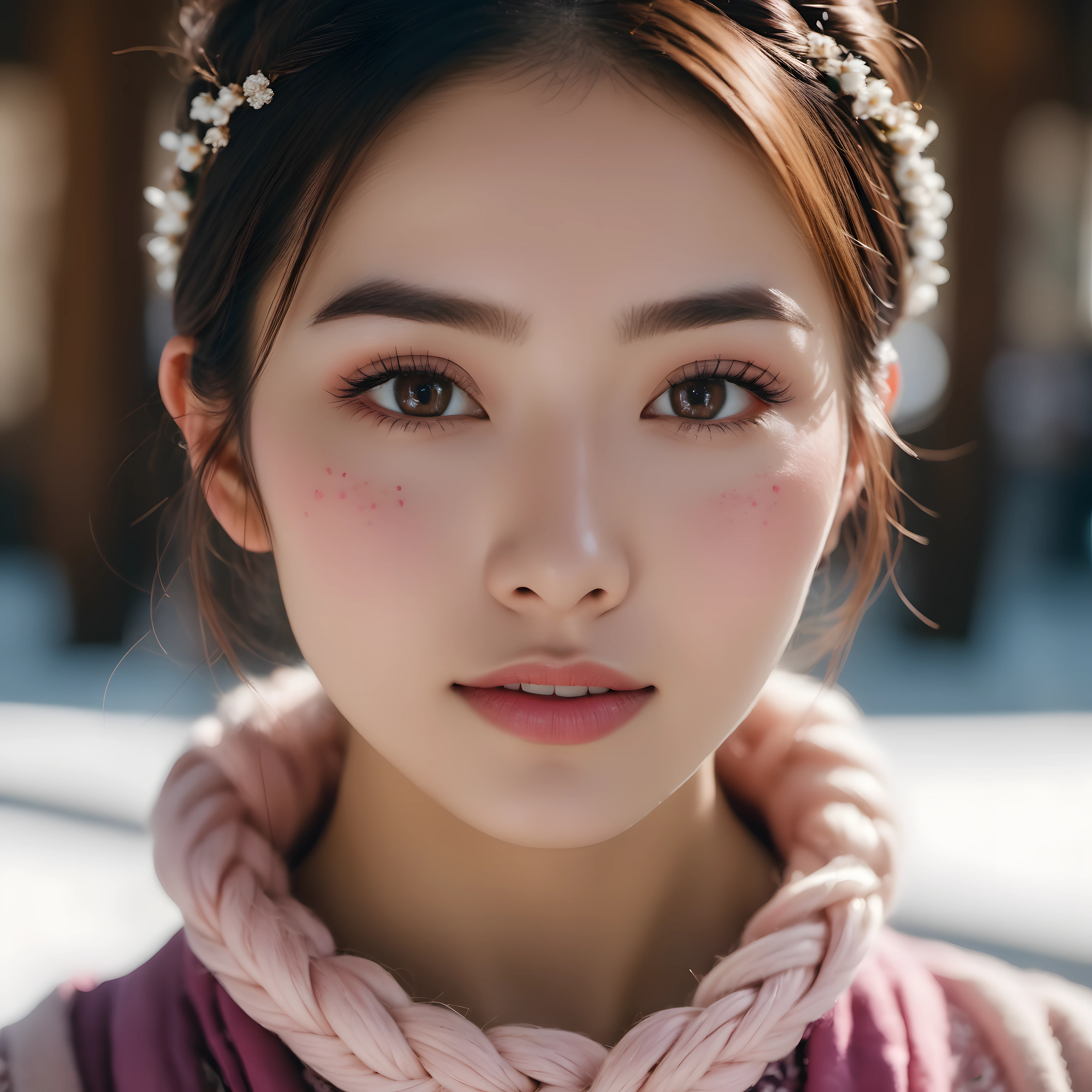 an eye contact of a Kyrgyz woman, grimace, primer, Intricate, cream eyeliner, stain lipstick, odd numbers, Button nose, Freckles, Dutch braid hair cut, pink skin color, soft focus. 8k, highly detailed, detailed skin texture, natural skin texture, detailed cloth texture, perfect eyes, detailed eyes,, (high quality, best quality:1.3), Extremely high-resolution, amateur photo, Fujifilm Superia Premium 400, Nikon D850 film stock photograph Kodak Portra 400 camera f1.6 lens, <lora:add_detail:0.33>