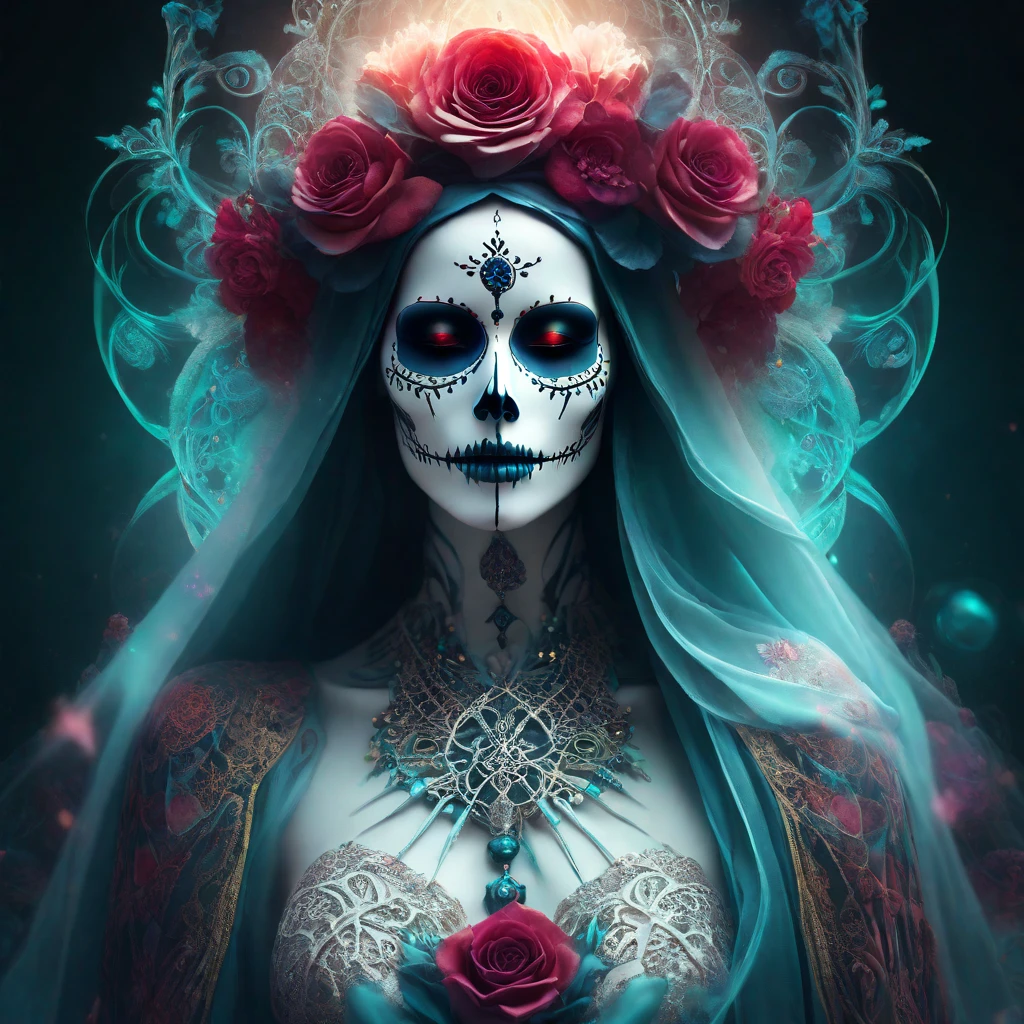 Santa Muerte, best quality, digital painting, extremely smooth, fluid, 3d fractals, light particles, dreamy, smooth, shimmering, dreamy glow, conceptual art by alberto seveso, anna dittmann, arthur rackham, harmonious color scheme