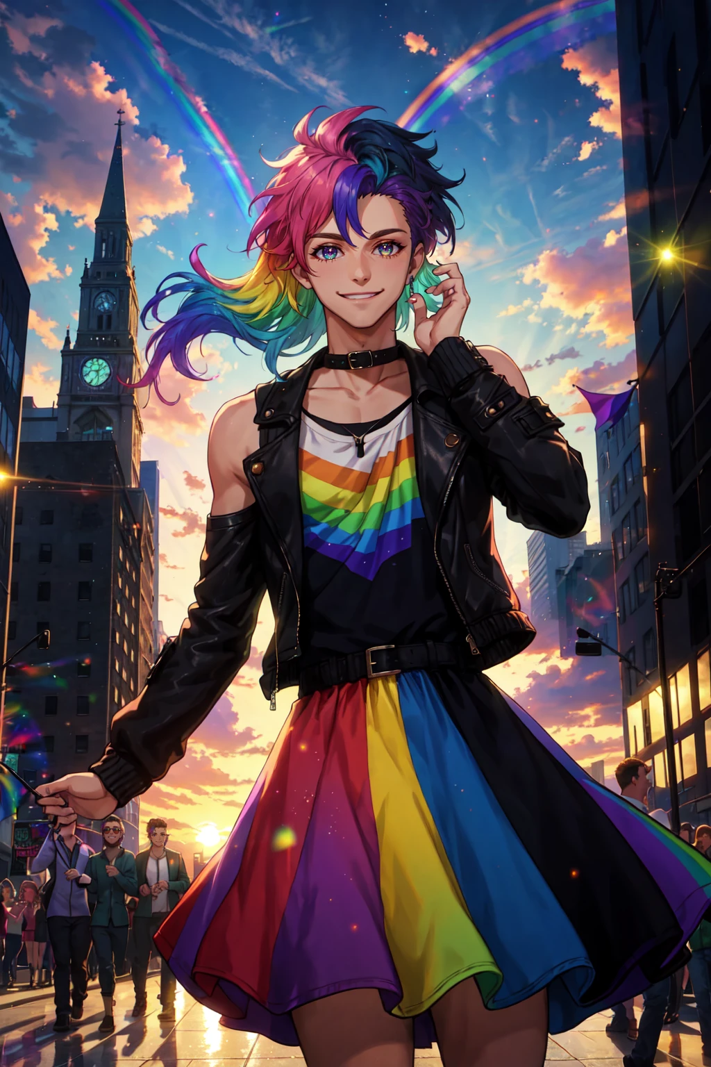 best quality, masterpiece, ultra high res, 1boy, male focus, non binary, blocky shoulders, rainbow hair, gay pride flag dress, gender diverse, pride flag, long sleeve, jacket, shirt, smile, pride parade, outdoors, city, sunset, specular reflection, tonemapping, particle effects
