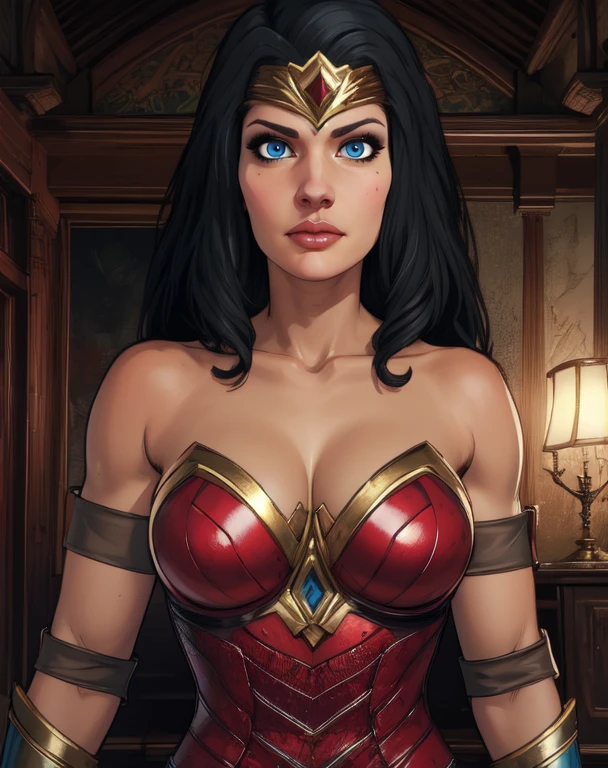 diana, black hair, blue eyes, tiara,
blue underwear, red top, collarbone, arm bands, armor,
standing, upper body, solo, large breasts,
morning, island,
(insanely detailed, beautiful detailed face,beautiful detailed eyes, masterpiece, best quality),solo, <lora:wonderwomanIJ2-10v11:0.7>