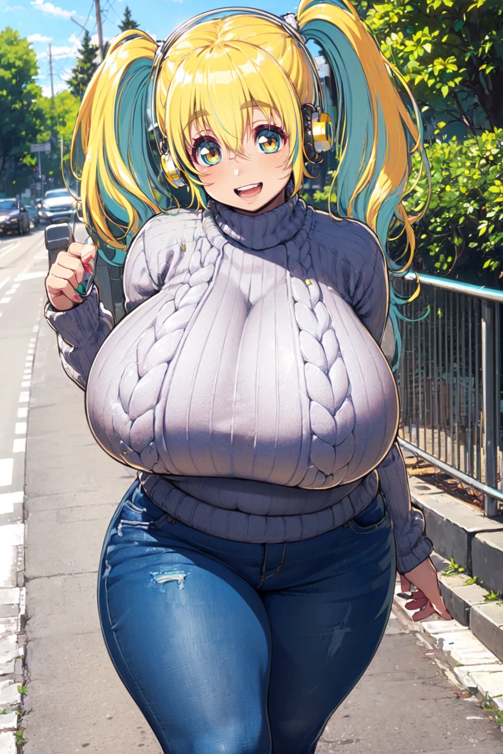 masterpiece, 1girl, mature female, best quality, (cleavage:0.2), (gigantic breasts:1.0), big eyes, (curvy:0.8), caustics, Lucoa - Maid Dragon, blonde hair, gradient hair, heterochromia, yellow eye, green eye, horns, one eye closed, lucoa, Lucoa - Dragon Maid, 