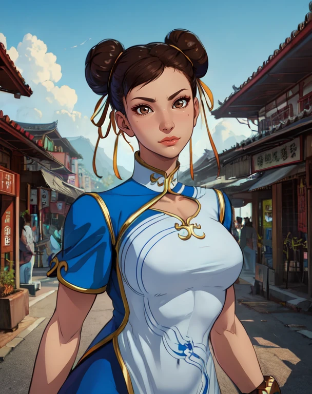 chun li, brown hair, brown eyes, double bun, hair ribbon,
white dress, pelvic curtain, blue pants, bangles,
upper body, s
china town, morning, temple,
(insanely detailed, beautiful detailed face,beautiful detailed eyes, masterpiece, best quality) , solo,
<lora:chunliSF6Default-10:0.8>