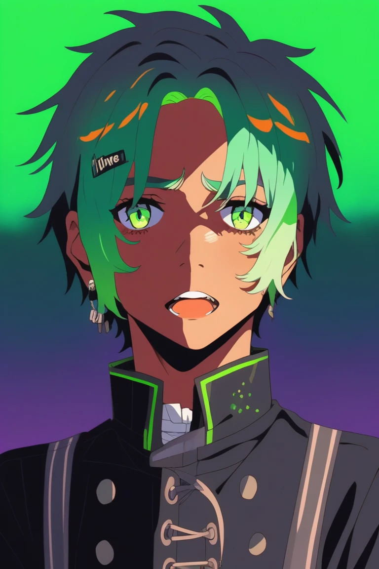 realistic, anime ,flat style,(1boy en boy),portrait,lip, corset,lentils, electric green gradient background, Neon hair,Wavy hair, Enigmatic ,artist painter ,Ivorian, (masterpiece,best quality)