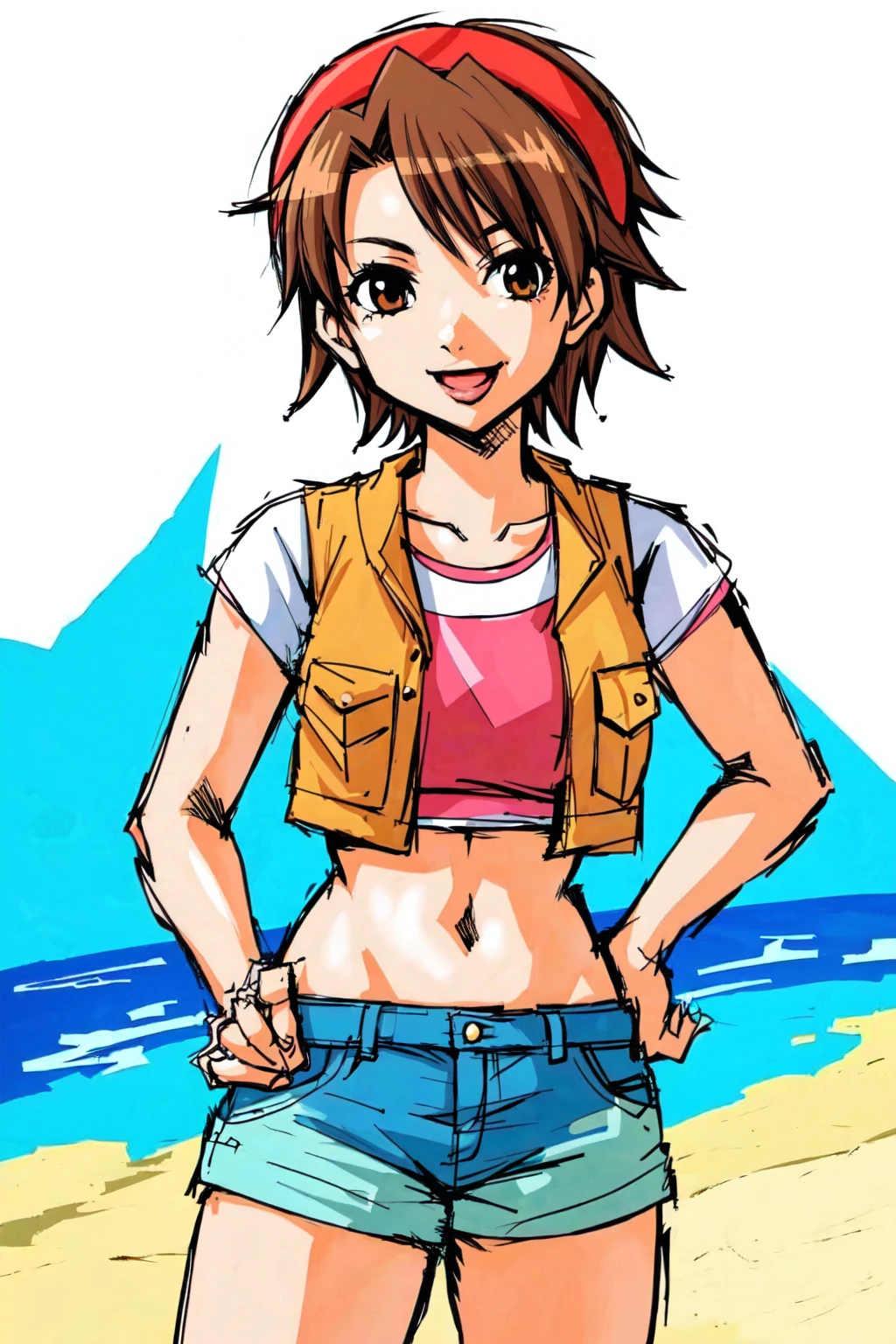 1girl,Akarih1080,brown hair,crop top,midriff,vest,denim shorts,short shorts,looking at viewer,hands on hips,red headband,cowboy shot,:p,outdoors,on beach, <lora:AkariH1080:0.8>, <lora:LORA-XenoDetailer-v2:0.1>