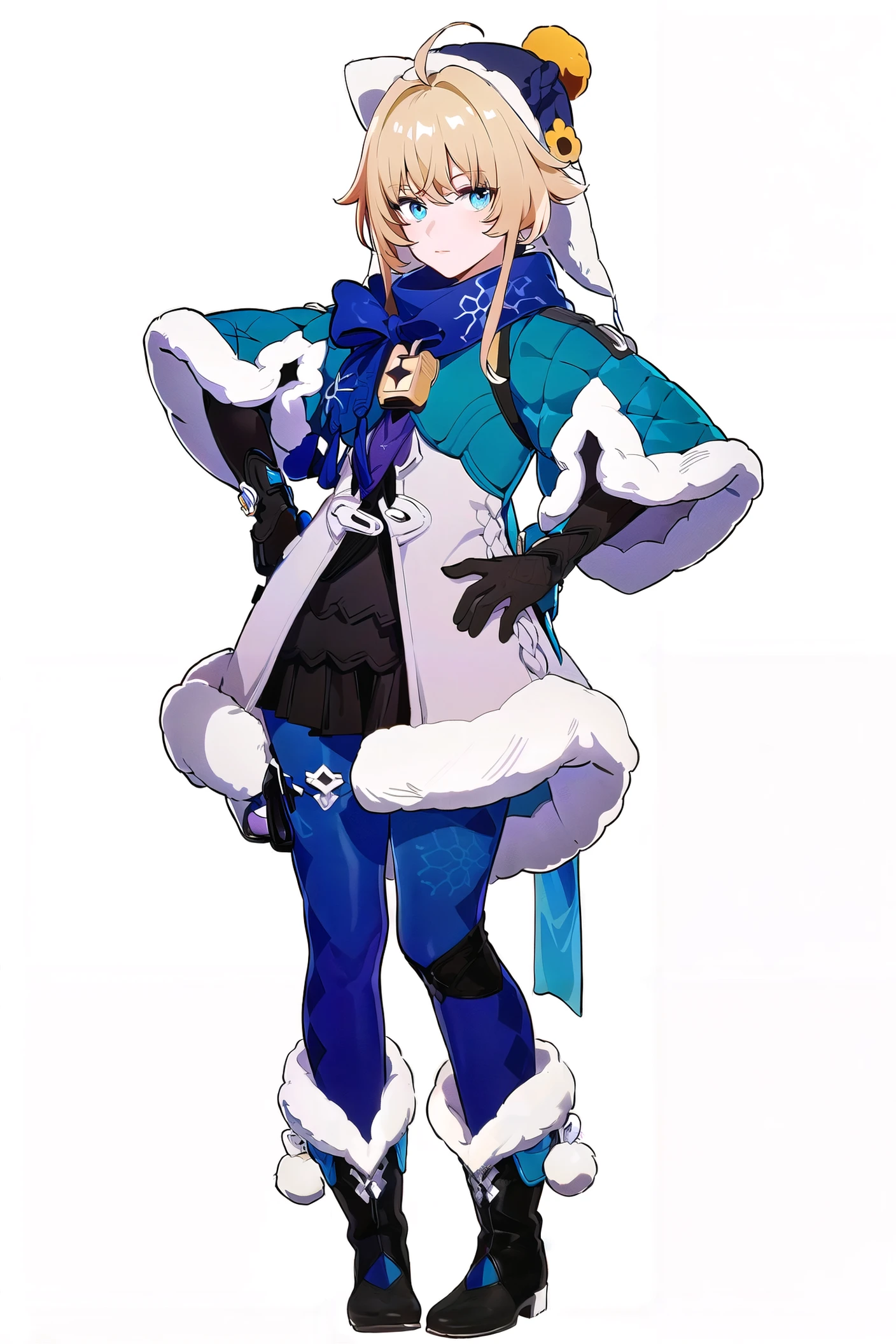 8k, best quality, masterpiece, (ultra-detailed:1.1), (high detailed skin),
(full body:1.2), white background, standing, looking at viewer, (solo:1.3), hand on hip,
<lora:linke-v100-000029:0.9:lbw=OUTALL>,linke, 1girl, blue eyes, gloves, fur-trimmed boots,pantyhose,fur trim, blonde hair, hat, black footwear, fur-trimmed sleeves,skirt,
(white background, simple background,:1.4),
<lora:EnvyBetterHands LoCon_beta2 è¾
å©:0.55>, ( good hands, nice hands:0.5),
(beautiful_face), ((intricate_detail)), clear face,
((finely_detailed)), fine_fabric_emphasis,
((glossy)), full_shot,