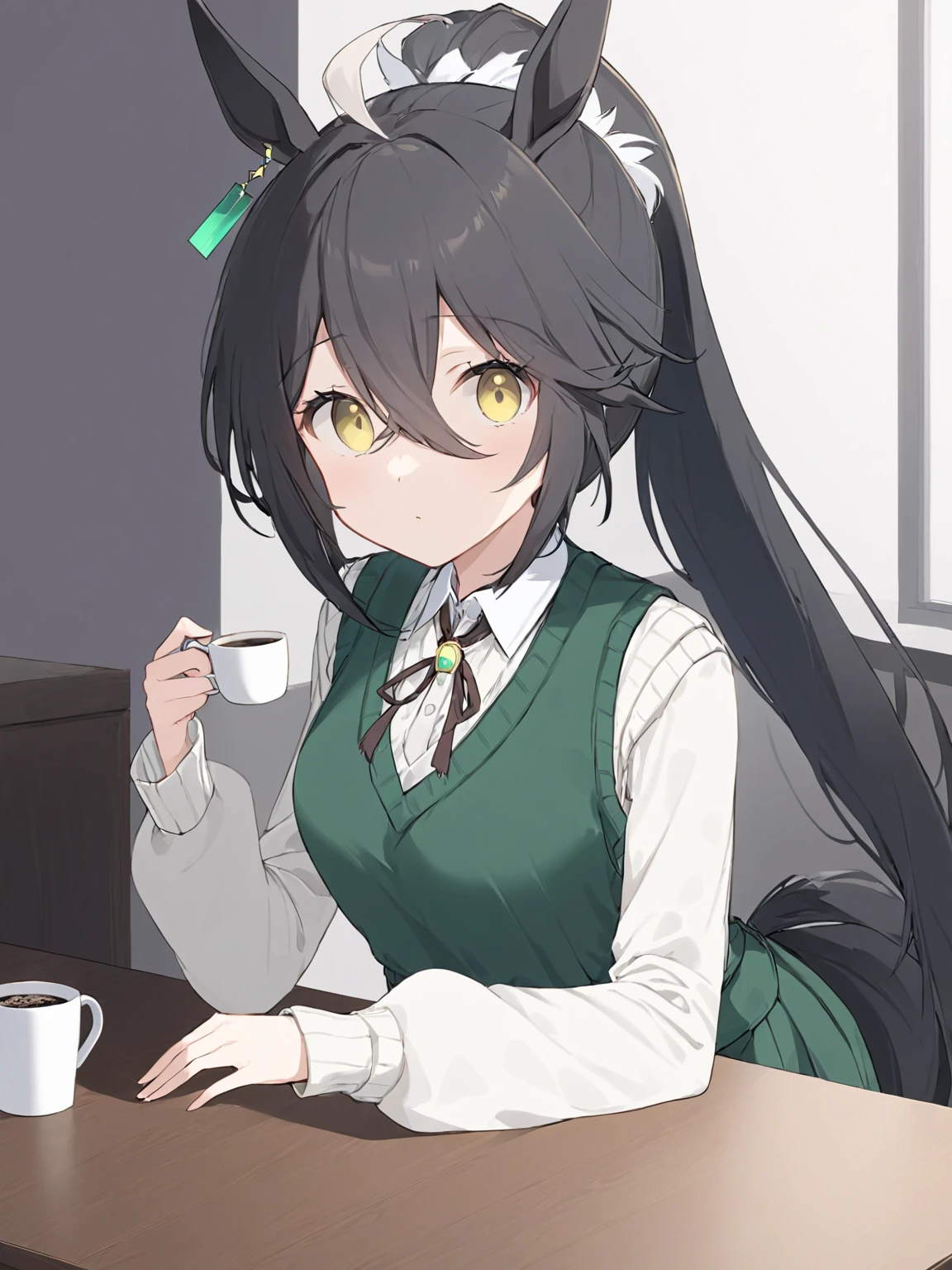 (masterpiece),(highest quality),highres,(an extremely delicate and beautiful),(extremely detailed), solo, Manhattan Cafe \(umamusume\) wears official alternate costume, alternate hairstyle, ponytail, single earring, long sleeves, layered sleeves, green apron, collared shirt, white shirt, sweater vest, neck ribbon, white ribbon. she just puts coffee cup on table
<lora:UmaDiffusionXL-768x1024:1>
