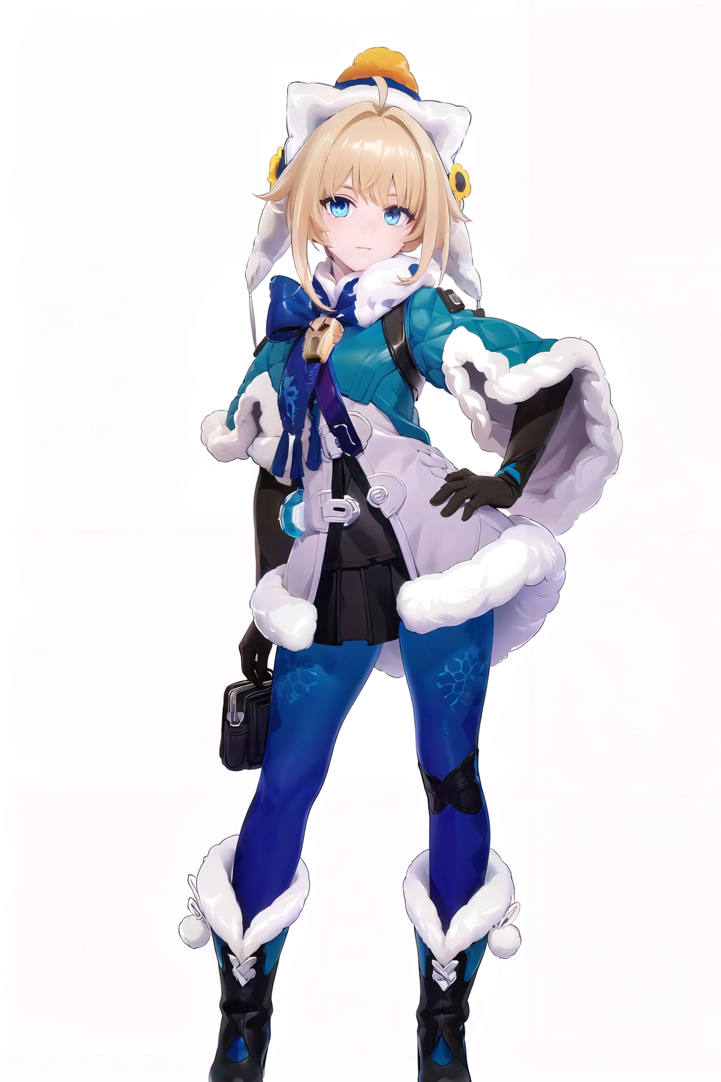 8k, best quality, masterpiece, (ultra-detailed:1.1), (high detailed skin),
(full body:1.2), white background, standing, looking at viewer, (solo:1.3), hand on hip,
<lora:linke-v100-000029:0.9:lbw=OUTALL>,linke, 1girl, blue eyes, gloves, fur-trimmed boots,pantyhose,fur trim, blonde hair, hat, black footwear, fur-trimmed sleeves,skirt,
(white background, simple background,:1.4),
<lora:EnvyBetterHands LoCon_beta2 è¾
å©:0.55>, ( good hands, nice hands:0.5),
(beautiful_face), ((intricate_detail)), clear face,
((finely_detailed)), fine_fabric_emphasis,
((glossy)), full_shot,