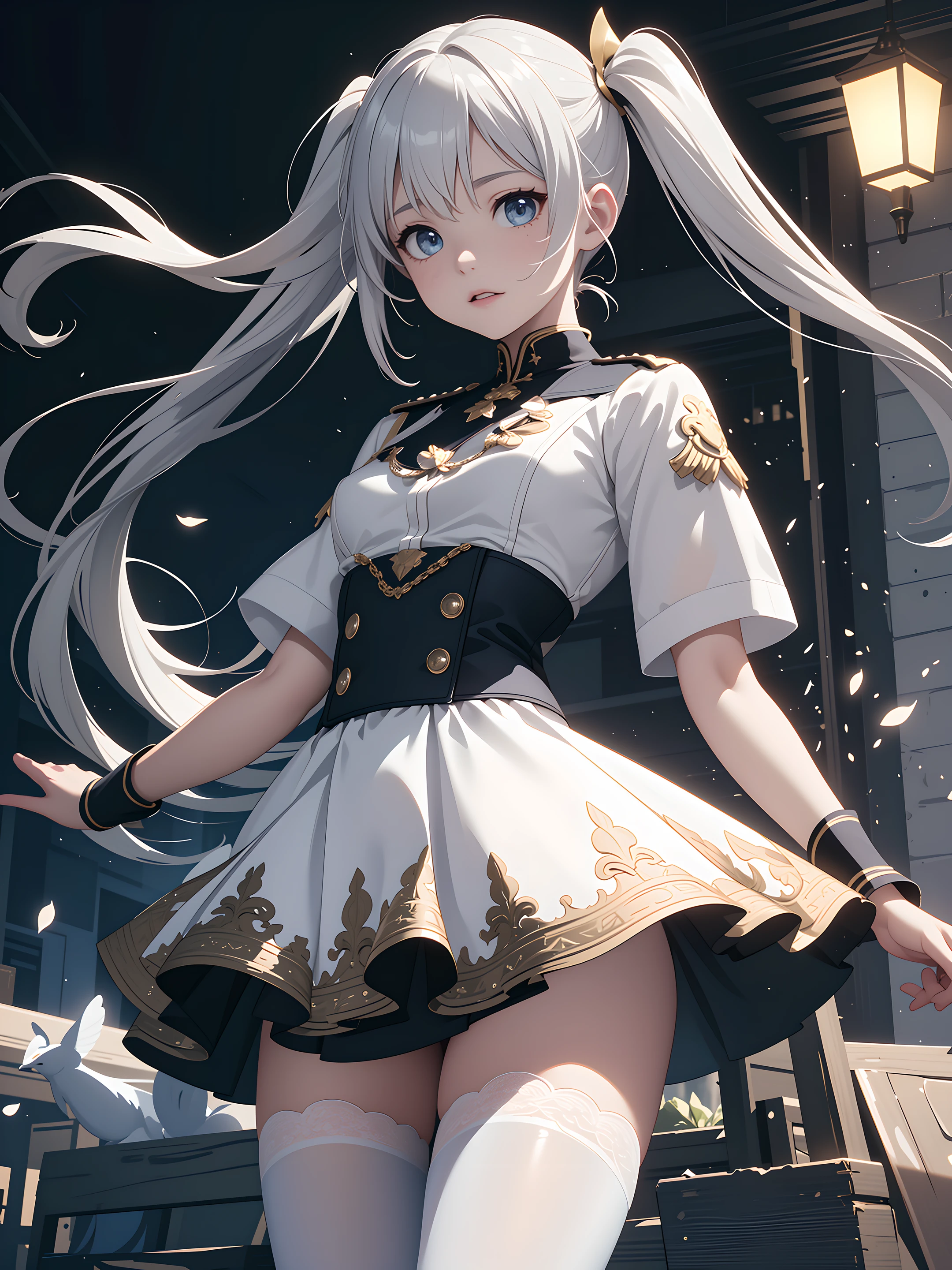 ((game cg:1.6)), (anime), ((extremely detailed 8k illustration)), highres, (extremely detailed and beautiful background), ultra detailed painting, professional illustrasion, Ultra-precise depiction, Ultra-detailed depiction, (beautiful and aesthetic:1.2), HDR, (depth of field:1.4), colorful, vivid, beautiful detailed glow light particles, intricate:1.4, <lora:GoodHands-beta2:1>, (young girl), (white,military costume,tight skirt), (highly detailed beautiful face and eyes, silver hair:1.5, twin tail:1.1, floating hair), (white tights up to the thighs), small stature, (small breasts), shiny skin, cute, Scottish Dress,