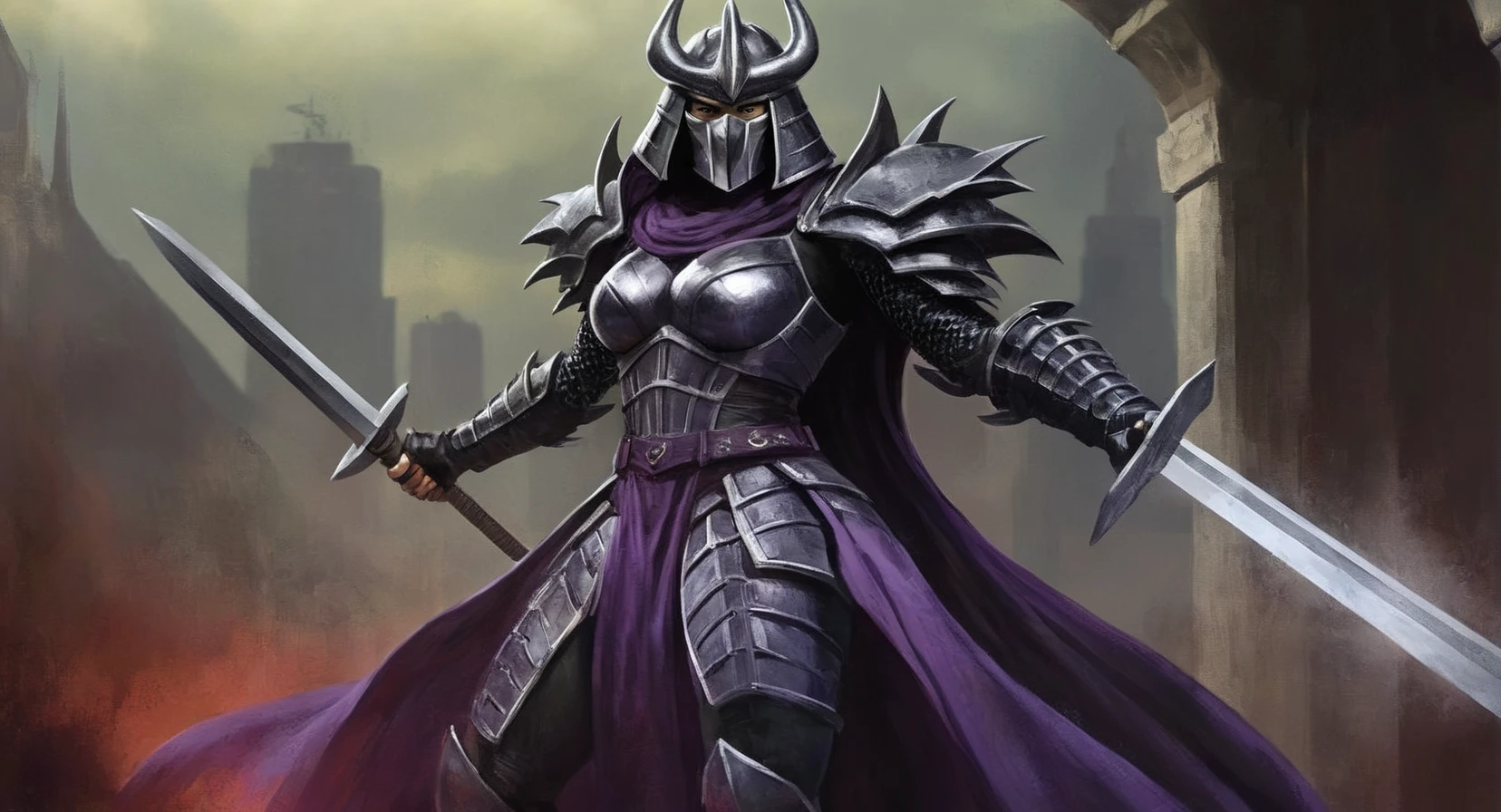 concept art of Cinematic Film Footage
 <lora:Cinematic Film:1>
 <lora:super shredder:1>
The Shredder a female supervillain and the main antagonist of the Teenage Mutant Ninja Turtles media franchise created by Kevin Eastman and Peter Laird., digital artwork, illustrative, painterly, matte painting, highly detailed