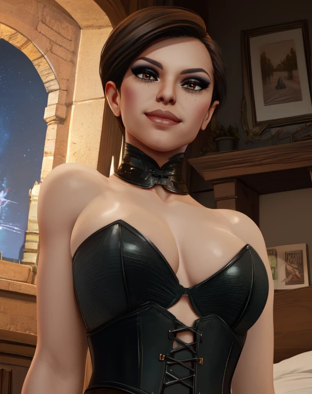 Selina,lips, brown eyes,  black hair,  from below, 
collarbone,   collar,   corset, 
 standing, upper body, night, stars,  smile,  
indoors,  bed, 
(insanely detailed, beautiful detailed face,beautiful detailed eyes, masterpiece, best quality),solo, <lora:catwoman181:0.8>