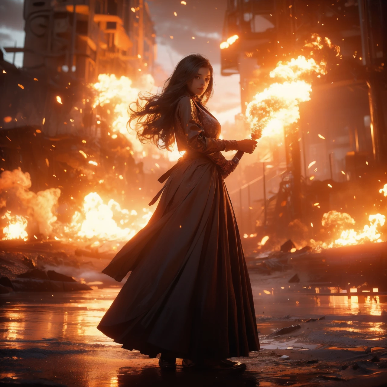 Best quality,masterpiece,ultra high res,1girl,outdoors,explosion,fire,burning,sun,torch,flame,sunset,firing,cloud,campfire,ocean,cloudy_sky,sunrise,smoke,sky,horizon,long dress,long hair,<lora:bf1:0.5>,