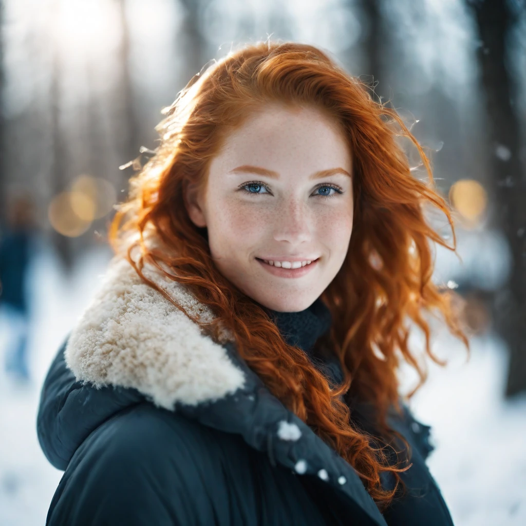 cinematic photo (art by Mathias Goeritz:0.9) , photograph, Lush Girlfriend, looking at the camera smiling, Rich ginger hair, Winter, tilt shift, Horror, specular lighting, film grain, Samsung Galaxy, F/5, (cinematic still:1.2), freckles . 35mm photograph, film, bokeh, professional, 4k, highly detailed