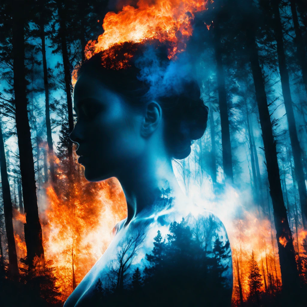 forest fire dreamscape in your mind, Double exposure effect of white lady body portrait silhouette, superimposed against burning forest night sky by Conrad Roset, Brandon Kidwell, Andreas Lie, Dan Mountford, Agnes Cecile, Jeremy Mann, oil and ink canvas, fine art, super dramatic light, photoillustration, amazing depth, burning particles, hyperdetailed, iridescent blue fire, intricate detailed, amazing depth, hypervibrant, stunning atmosphere, mesmerizing whimsical vibrant scenery, hypermaximalism (Beautiful Outside, Ugly Inside, Stress and Pain, Beauty and Despair, Hard and Soft, Positive and Negative, Hot and Cold, Sweet and Sour, Vibrant and Dull, Perfect Harmony, Light and Dark, Hot and Cold, Old and Young, Fire and Ice, Yin and Yang, Opposites, Black and white, Smoke and Steam,Hot and Cold, Organic and Mechanical, Corresponding colors, Loud and Quiet, Chaos and Peace, Night and Day:1.2) complex masterwork by head of prompt engineering