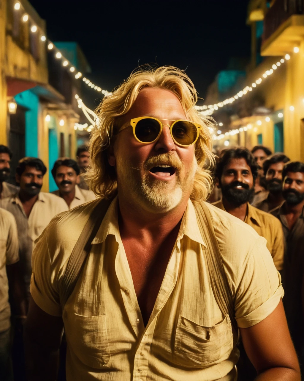 action shot of + / A big boned yellow haired man on vacation enjoying the local party scene in Chennai at night, directed by Richard Linklater Sepia-toned, nostalgia, antique, soft edges, vignette, grainy texture, silent film era, intertitles