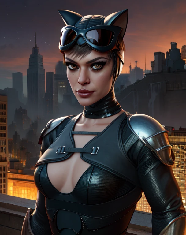 Selina,lips, brown eyes, looking at viewer, goggles on head, head cap with cat ears, armor, gloves,bodysuit,choker,
standing, smug, upper body, night, stars,
rooftop, Gotham city, solo,
(insanely detailed, beautiful detailed face,beautiful detailed eyes, masterpiece, best quality),solo, <lora:catwoman181:0.8>
