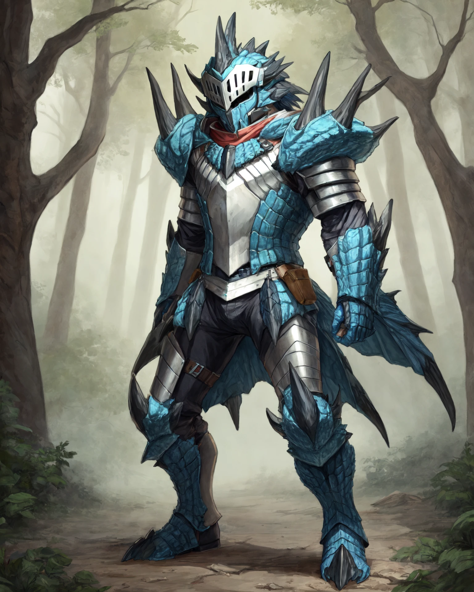 full-length character portrait of a sexy,adult,(male:1.4),(human:1.3),(ratharmormalt),hi res,soft shading,good anatomy,cinematic lighting,by woolrool,crayon \(artist\),buta99,detailed background,outdoors,azure armor,helmet,standing,forest,