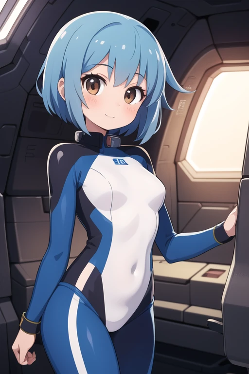 masterpiece, best quality, ultra detailed, anime style, 1girl, short hair, blue hair, brown eyes, rubber suit, spaceship, inside, warm, beautiful face, happy, cowboy shot