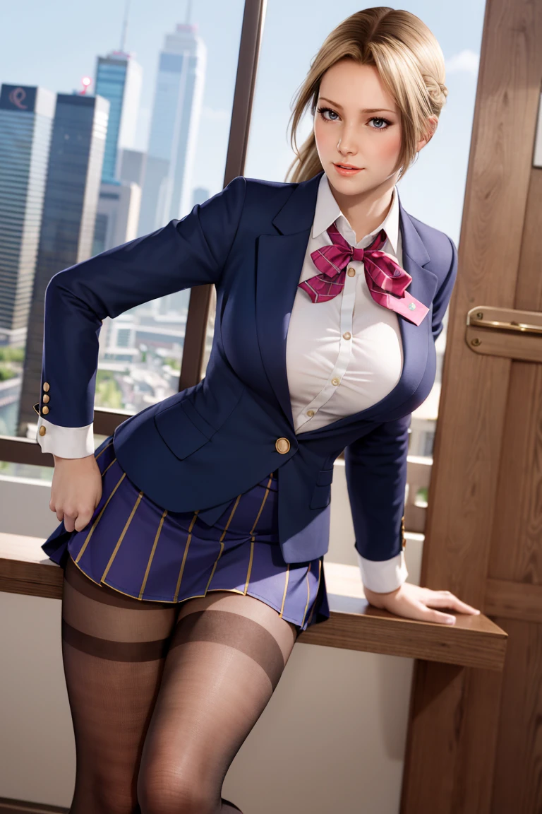 <lora:doa_helena:0.7> helena, 1girl, skirt, shirt, bow, business outfit, pantyhose, skyscraper office