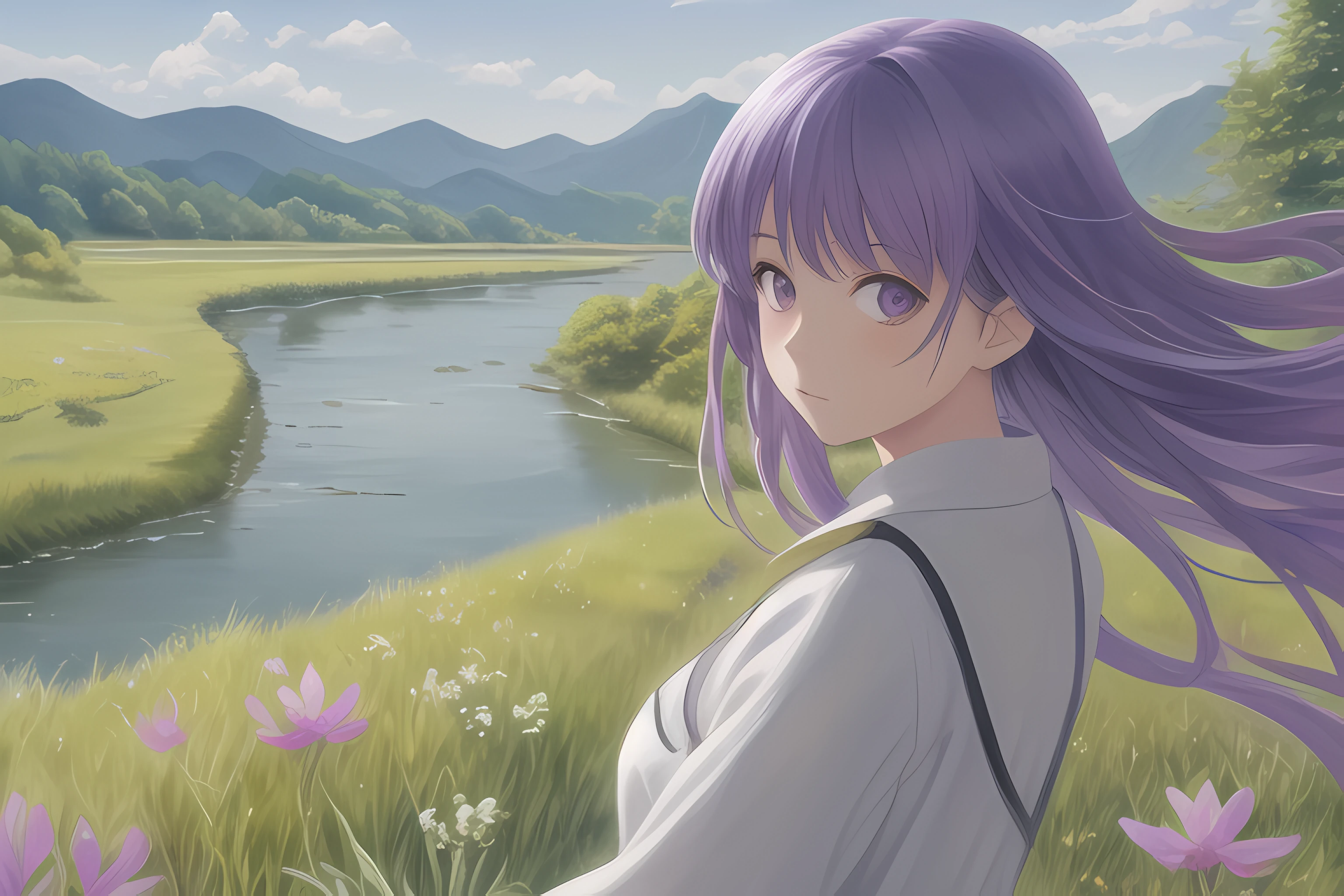 waterpaint,river,riverbank,grass,incana flowers,hills,(1girl),solo focus,purple hair,facing viewer,wind,very long hair,1house,