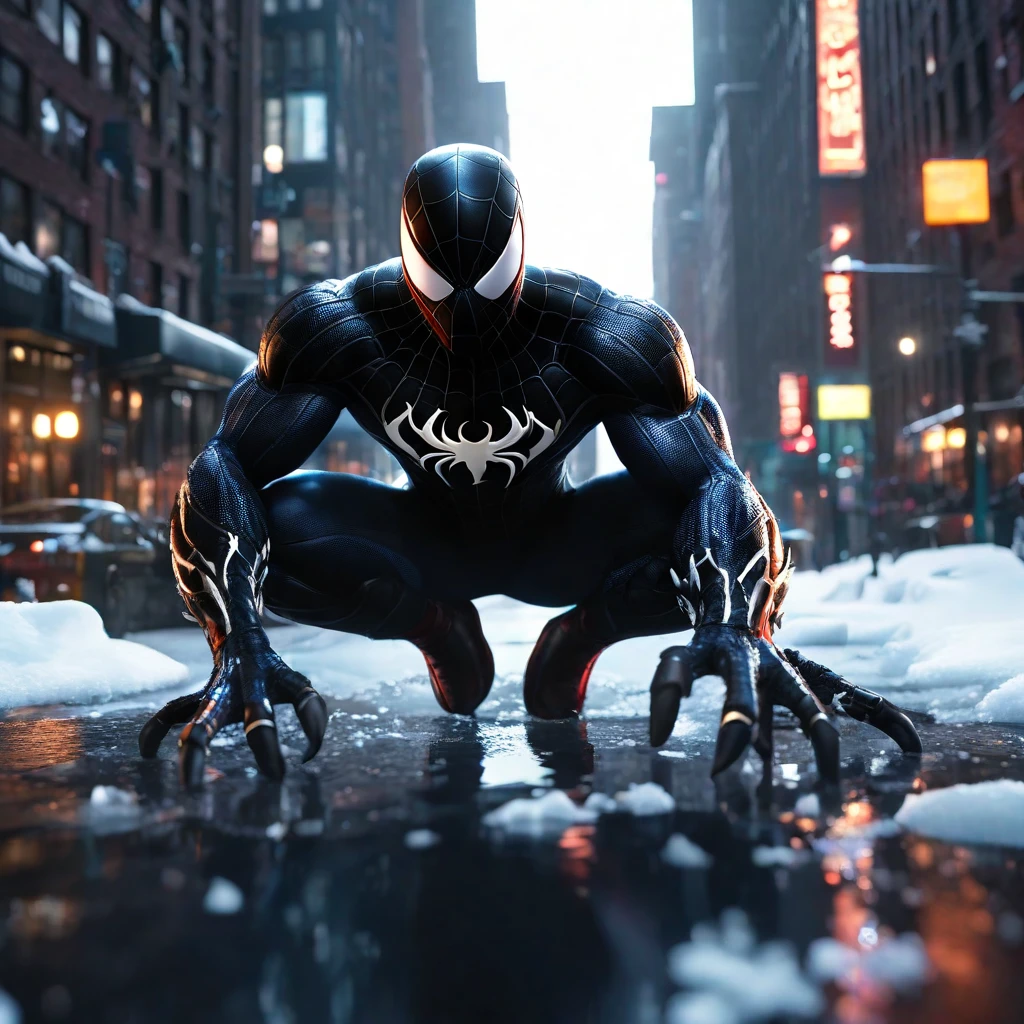 Venom Spider Man, cinematic, low light, (series),extremely detailed CG unity 8k wallpaper,highest quality,ultra-detailed,solo,1boy,in new york City,in winter,flapping,reflection light,dutch angle,two hand