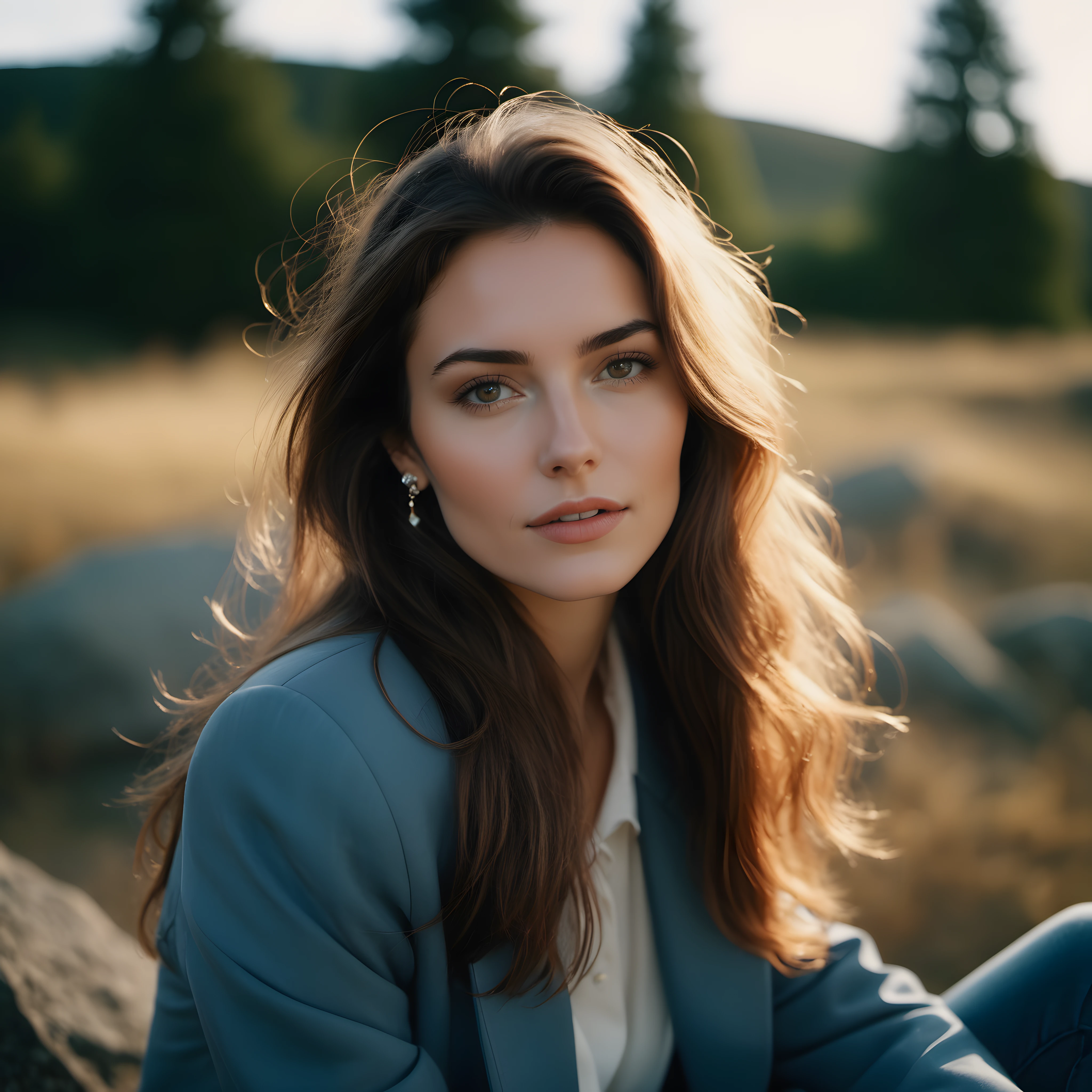 amateur photo of a woman, analog, raw, f2, 35mm, an (amateur photo) of a 50 year old candid photo of a woman, flash photography, taken on an old camera, polaroid, half body photo of a beautiful 20 years old Icelandic girl, extremely detailed eyes, beautiful face, detailed natural skin with pores, sitting on a rock with legs crossed, looking peaceful., Oversized blazer, skinny jeans, loafers, shoulder bag, stud earrings, (lofi, bokeh), by Marta Bevacqua, golden hour, cinematic lighting, (hazy filter, film grain:1.2). 8k, highly detailed, detailed skin texture, natural skin texture, perfect eyes, perfect iris, high detail eyes, detailed iris, detailed cloth texture, perfect eyes, detailed eyes, (high quality, best quality:1.3), Extremely high-resolution, film grain, dslr, Kodak Portra 400 camera f1.6 lens, 35mm, Fujifilm Superia Premium 400, Nikon D850, <lora:add_detail:0.33>