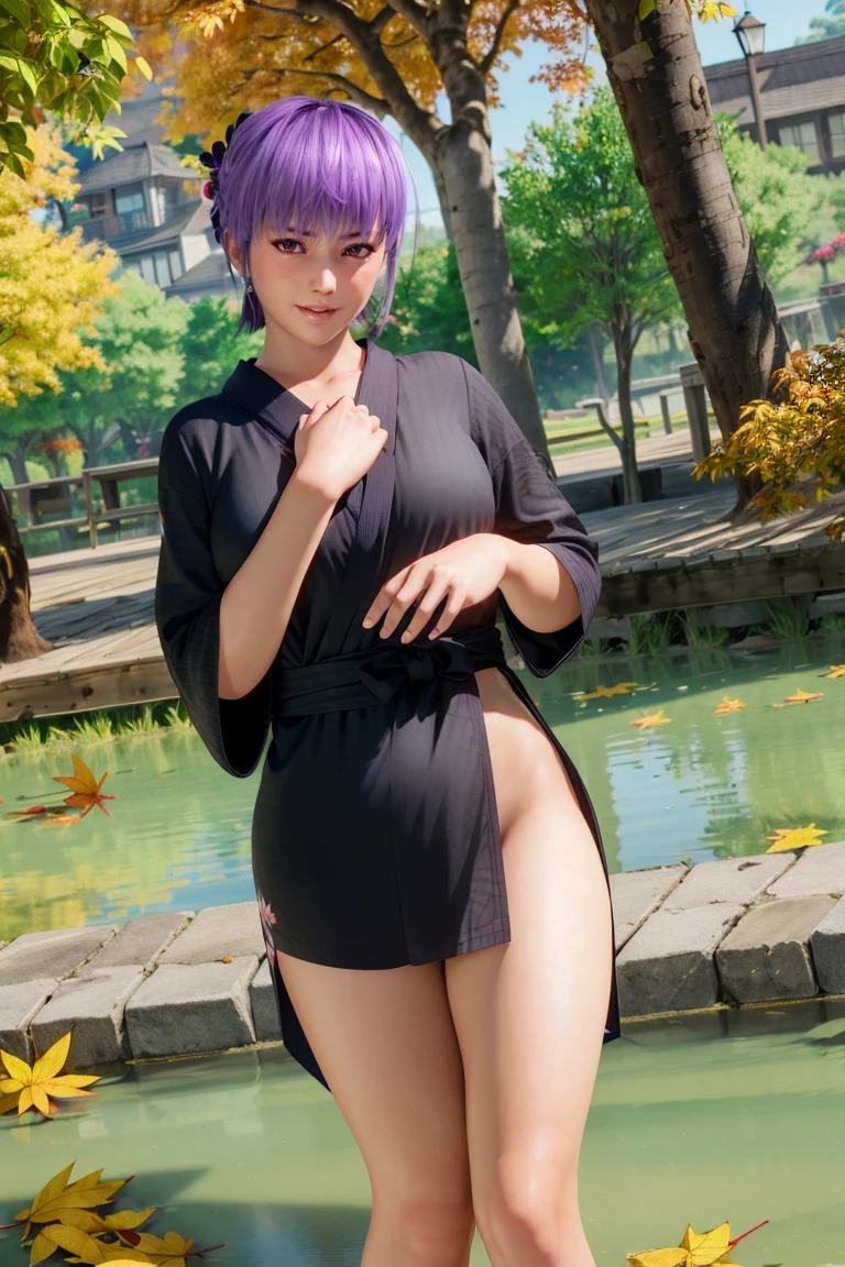 <lora:doa_ayane:0.7> ayane, black yukata, standing in shallow water, pond, beautiful, fall, falling leaves, thighs