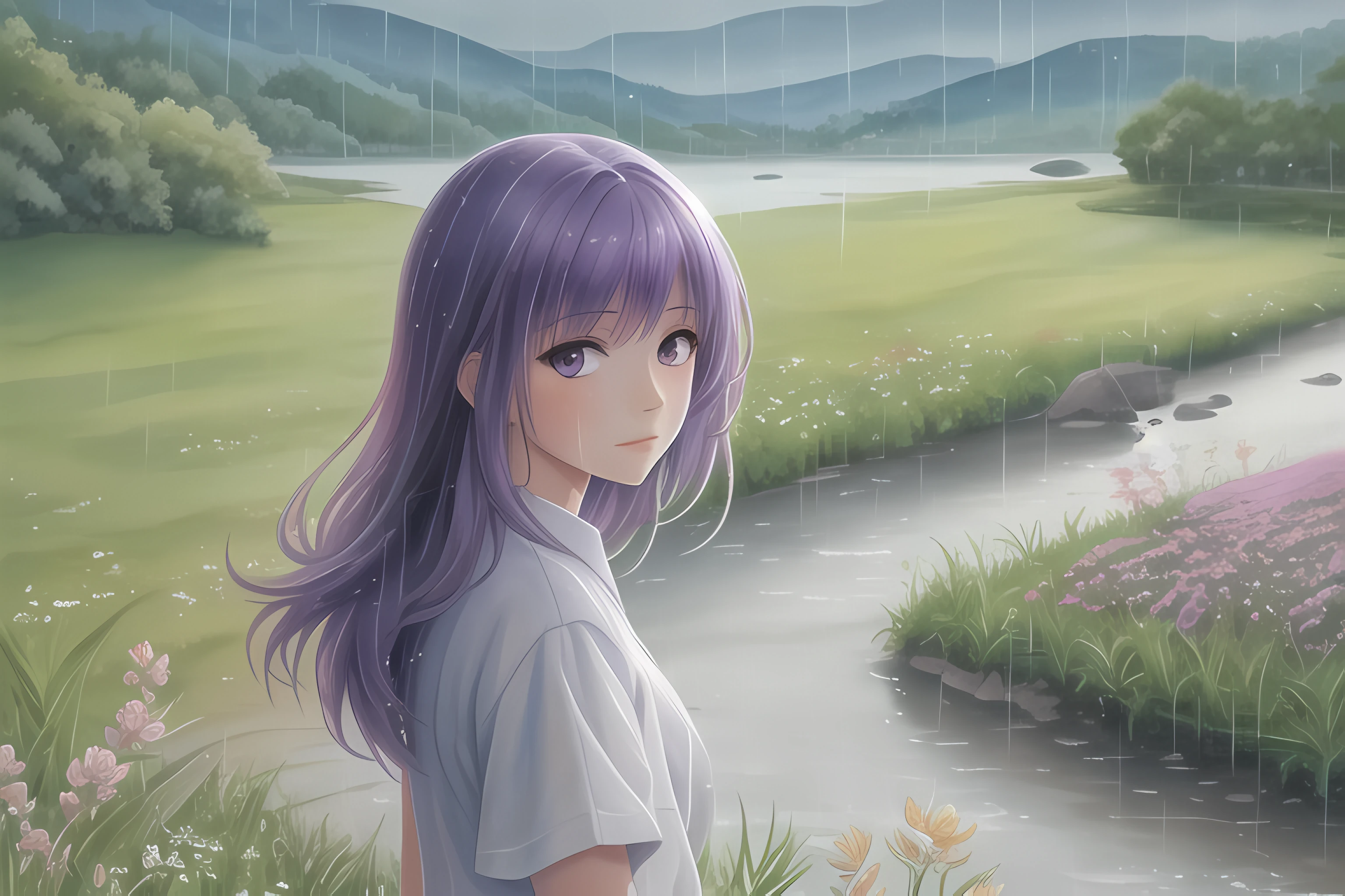 waterpaint,river,riverbank,grass,raining,incana flowers,hills,1girl,solo focus,purple hair,facing viewer,