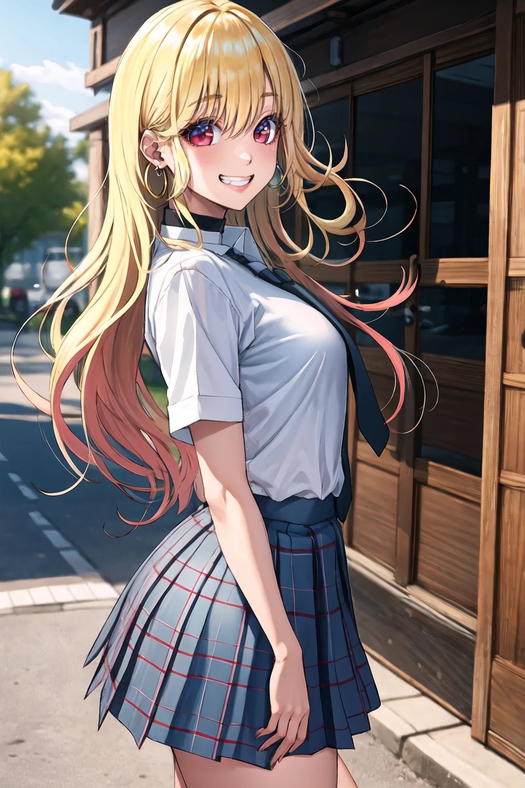 masterpiece, best quality, highres, kitagawa marin, 1girl, blonde hair, long hair, multicolored hair, red eyes, jewelry, earrings, piercing, school uniform, white shirt, tied shirt, black choker, blue necktie, plaid skirt, <lora:kitagawa_marin_v1-1:0.7>, grin, smile, standing, cowboy shot, outdoors, <lora:Tsuji_768-v3-000170:0.8>