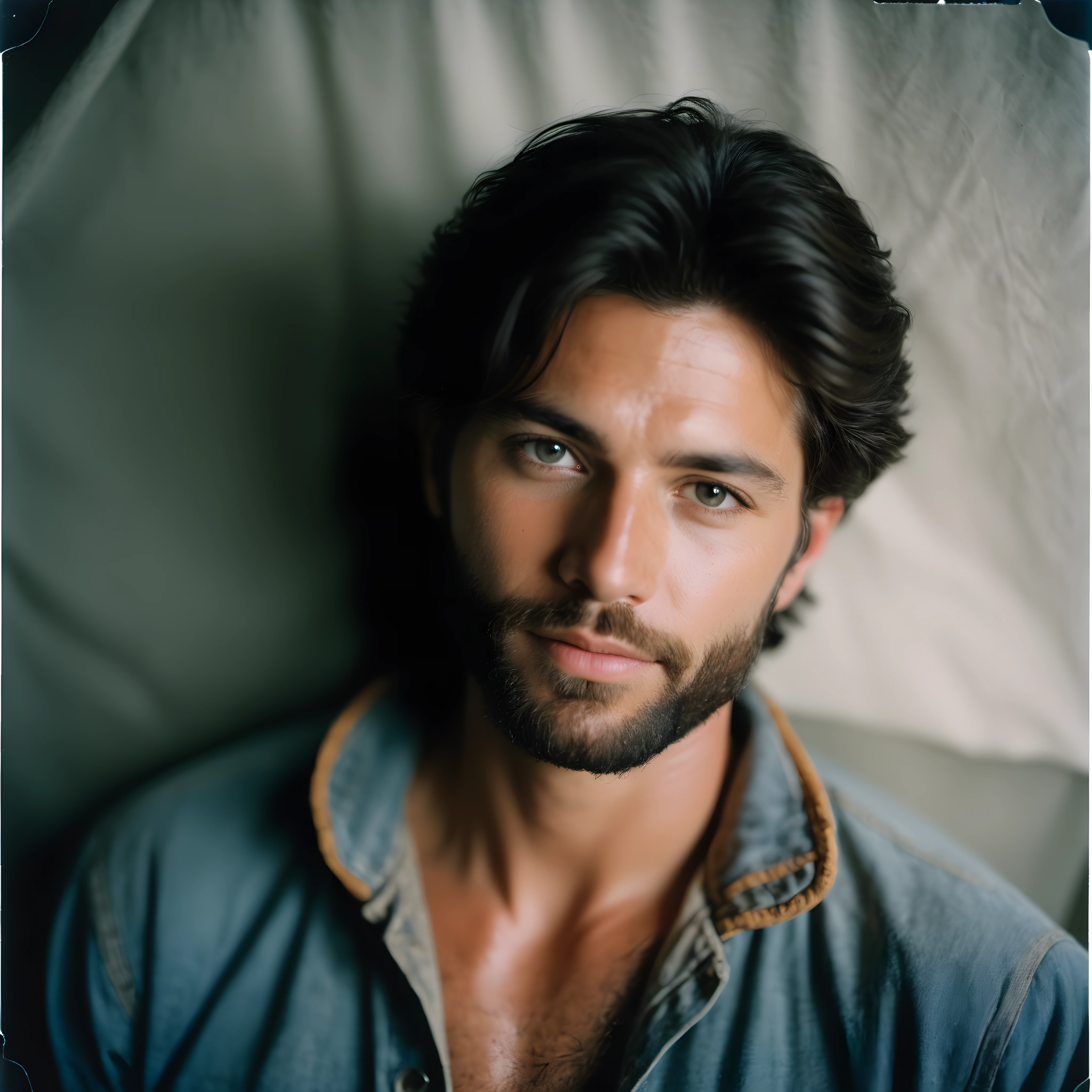 amateur photo of a man, analog, raw, f2, 35mm, an (amateur photo) of a 28 year old candid photo of a man dressed as a farmer wearing dirty clothes, upper body, under low key lighting, from above, shot on a Agfa Vista, flash photography, taken on an old camera, polaroid. 8k, highly detailed, detailed skin texture, natural skin texture, perfect eyes, perfect iris, high detail eyes, detailed iris, detailed cloth texture, perfect eyes, detailed eyes, (high quality, best quality:1.3), Extremely high-resolution, film grain, dslr, Kodak Portra 400 camera f1.6 lens, 35mm, Fujifilm Superia Premium 400, Nikon D850, <lora:add_detail:0.33>