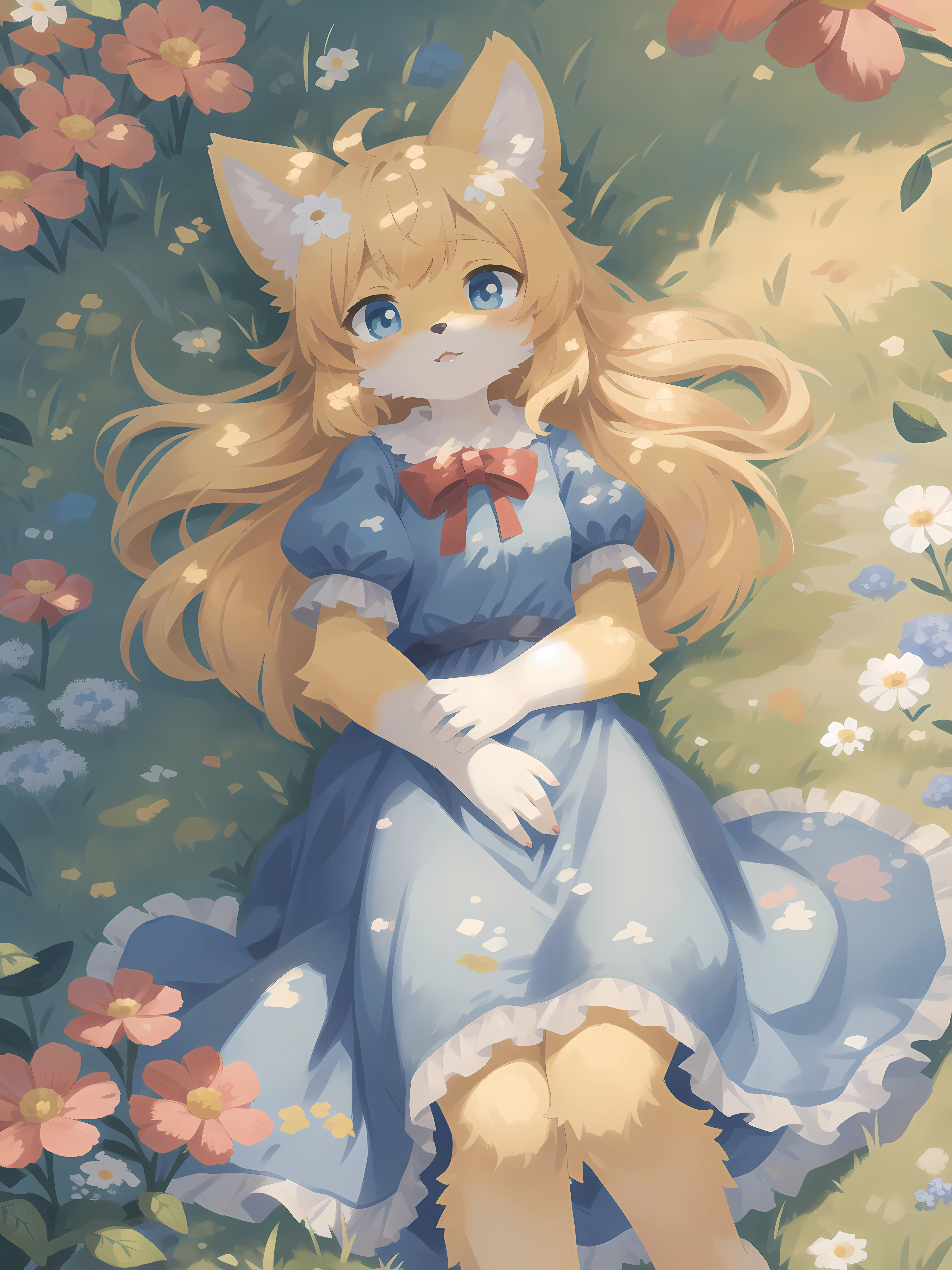 1girl, solo, dog girl, yellow fur, yellow hair, dog ears, long hair, bow, blue dress, (from above:1.3), lying, outdoors, cobblestone path, puffy sleeves, blue eyes, grass field, flowers,, (uploaded on e621, furry, anthro, kemono:1.3),, (best quality, masterpiece, illustration, ultra-detailed:1.3), (gouache, oil, impressionism)