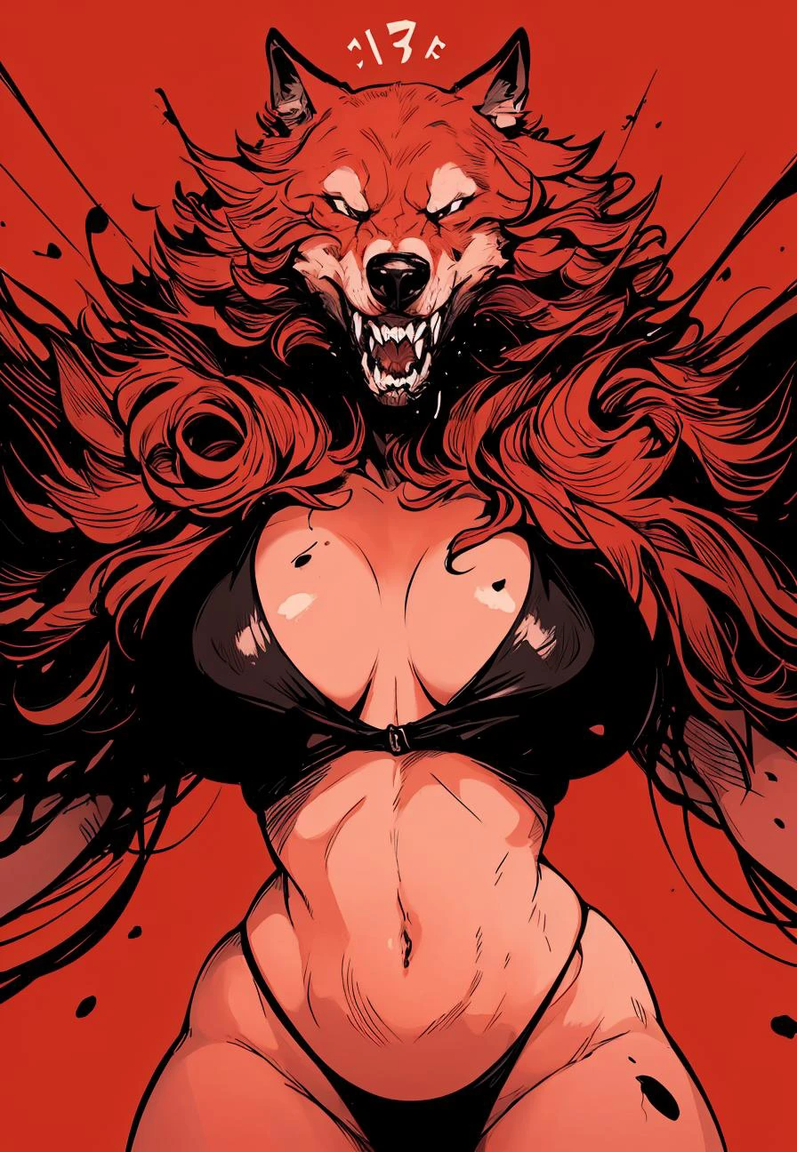 wolf face with womans body, red background, (close-up:1.1), girl ( standing:1.2), cleavage, (looking at viewer:1.3), (slim body type:1.2), (large breast size:1.2), BREAK  dark theme, pastel lights,<lora:Horror_Ink_Style-000008:.7> , dark art, blood, violent , hurt, mood, bleeding