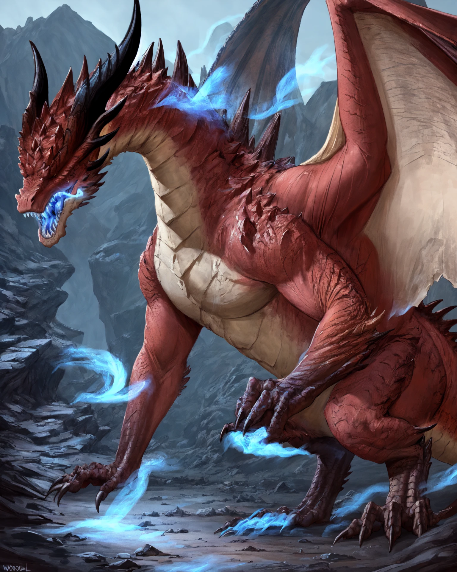 (feral:1.2),(safi'jiiva:1.3),hi res,soft shading,good anatomy,cinematic lighting,by woolrool,crayon \(artist\),buta99,detailed background,outdoors,cave,sharp teeth,wings,tail,hand on ground,(glowing mouth),(aura:1.2),bent arm,