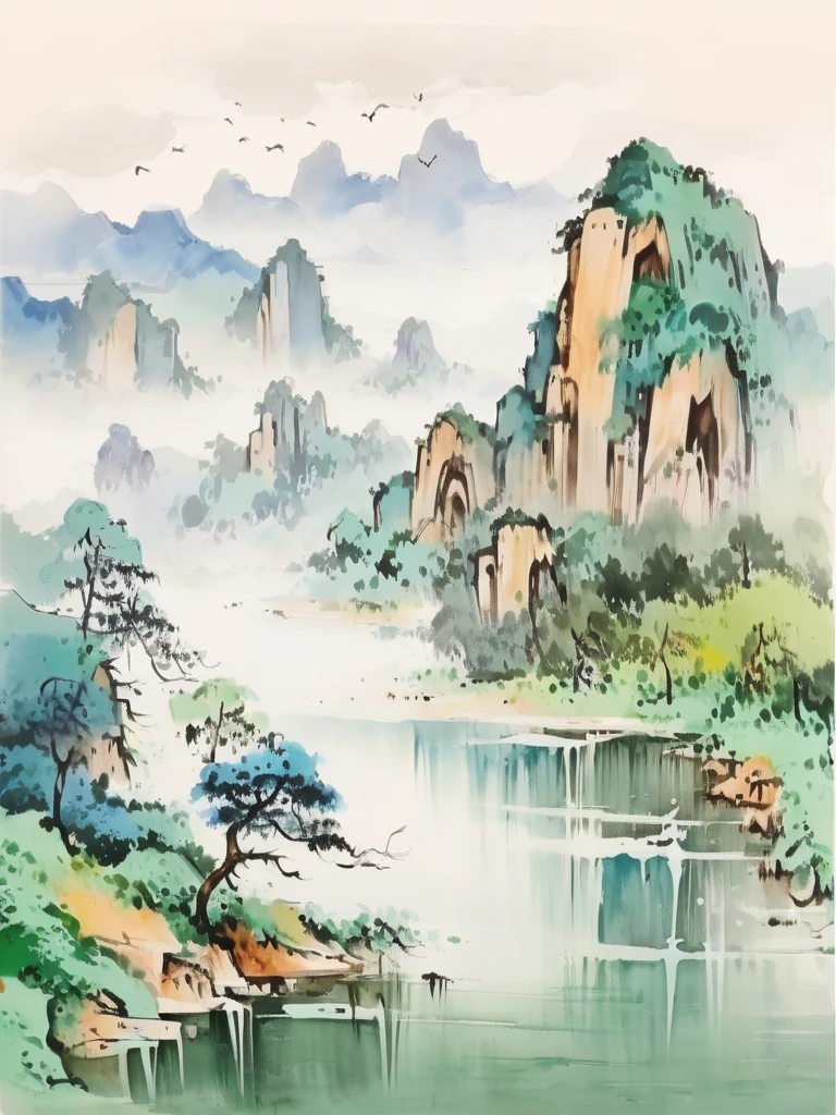 <lora:guofengchahua_xl:1>,(\shan shui cha hua\), no humans, tree, scenery, mountain, outdoors, water, bird, nature, landscape, lake, forest, fog, day, waterfall, river