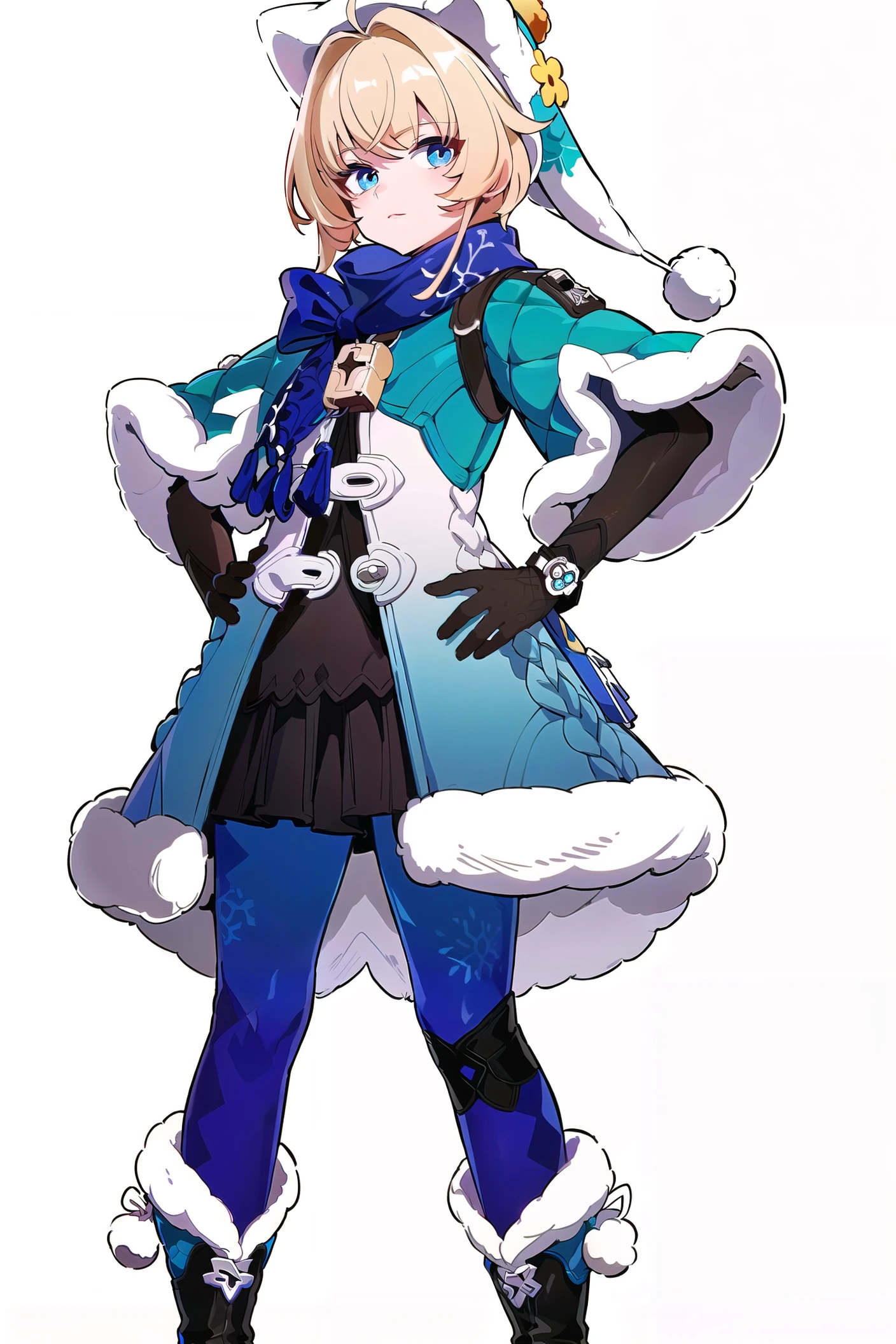 8k, best quality, masterpiece, (ultra-detailed:1.1), (high detailed skin),
(full body:1.2), white background, standing, looking at viewer, (solo:1.3), hand on hip,
<lora:linke-v100-000029:0.9:lbw=OUTALL>,linke, 1girl, blue eyes, gloves, fur-trimmed boots,pantyhose,fur trim, blonde hair, hat, black footwear, fur-trimmed sleeves,skirt,
(white background, simple background,:1.4),
<lora:EnvyBetterHands LoCon_beta2 è¾
å©:0.55>, ( good hands, nice hands:0.5),
(beautiful_face), ((intricate_detail)), clear face,
((finely_detailed)), fine_fabric_emphasis,
((glossy)), full_shot,