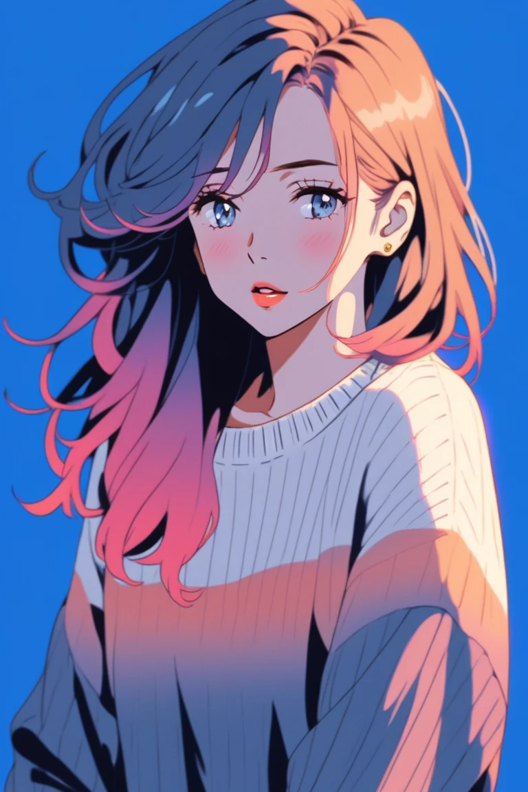 anime , realistic ,sketch , 1girl, ,lip, Sweater,order, Blue gradient background, Neon hair,Textured crop, Canadian, (masterpiece,best quality)