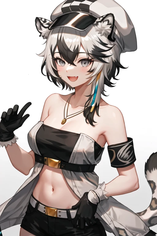 best quality, masterpiece, highres, solo, {cliffheart_arknights:1.15}, animal_ears, leopard_ears, short_hair, grey_hair, bangs, hair_between_eyes, animal_ear_fluff, smile, hat, jewelry, grey_eyes, white_headwear, cabbie_hat, necklace, breasts, sleeveless, leopard_tail, tail, upper_body, multicolored_hair, open_mouth, white_hair, bandeau, navel, armband, midriff, black_hair, medium_breasts, 1girl, bare_shoulders, black_gloves, collarbone, gloves, looking_at_viewer, checkered_clothes, stomach, streaked_hair, simple_background, small_breasts, strapless, tube_top, two-tone_hair, white_background