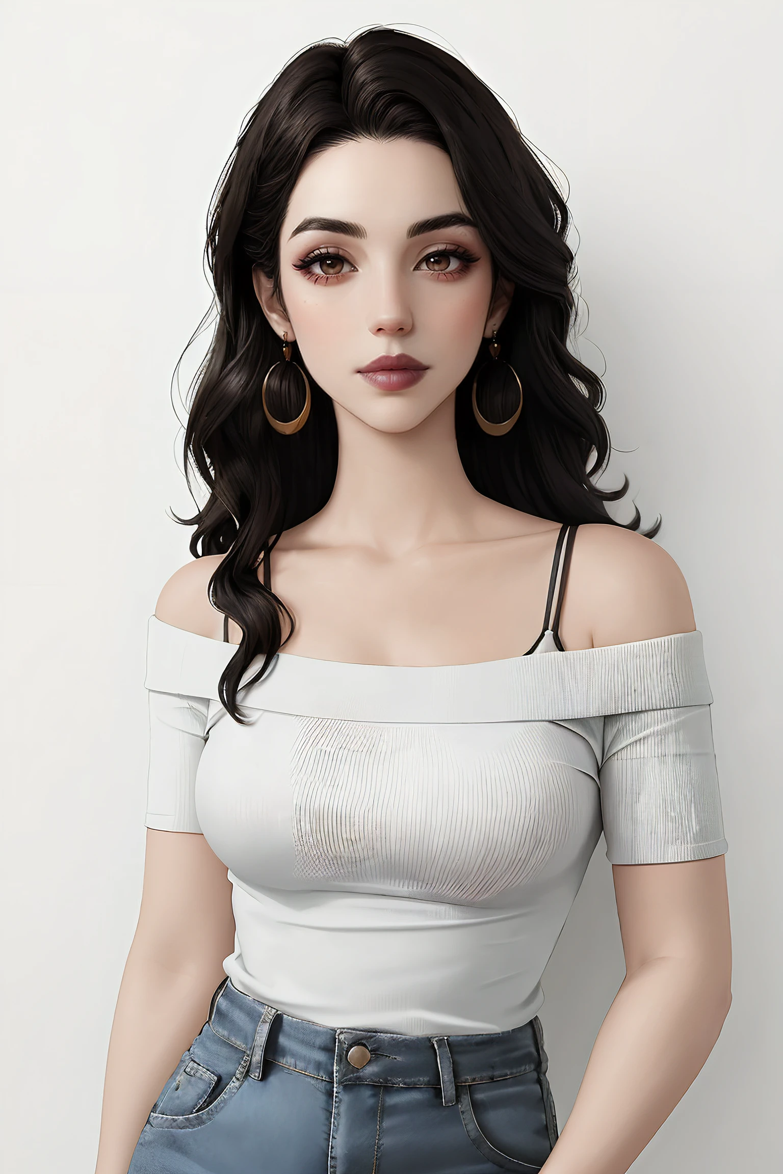 adelaide_kane, long hair, athletic body, symmetrical eyes,
light blue off-shoulder top, grey jeans, earrings, detailed skin, BREAK black lipstick, lipstick, black makeup,
portrait, headshot, head shot, HD, solid white background, realistic, proportionate body, 
<lora:Adelaide_Kane:0.8>, <lora:breastsizeslideroffset:-0.3>