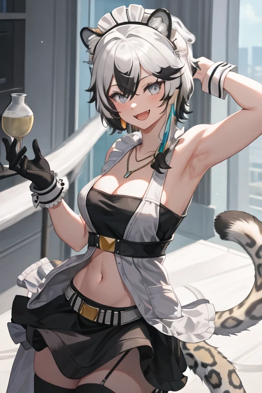 best quality, masterpiece, highres, solo, {maid:1.40}, {long maid dress:1.15}, {cliffheart_arknights:1.15}, animal_ears, leopard_ears, short_hair, grey_hair, bangs, hair_between_eyes, animal_ear_fluff, smile, hat, jewelry, grey_eyes, white_headwear, cabbie_hat, necklace, breasts, sleeveless, leopard_tail, tail, upper_body, multicolored_hair, open_mouth, white_hair, bandeau, navel, armband, midriff, black_hair, medium_breasts