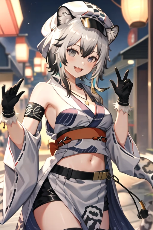 best quality, masterpiece, highres, solo, {yukata:1.40}, {kimono:1.20}, {cliffheart_arknights:1.15}, animal_ears, leopard_ears, short_hair, grey_hair, bangs, hair_between_eyes, animal_ear_fluff, smile, hat, jewelry, grey_eyes, white_headwear, cabbie_hat, necklace, breasts, sleeveless, leopard_tail, tail, upper_body, multicolored_hair, open_mouth, white_hair, bandeau, navel, armband, midriff, black_hair, medium_breasts