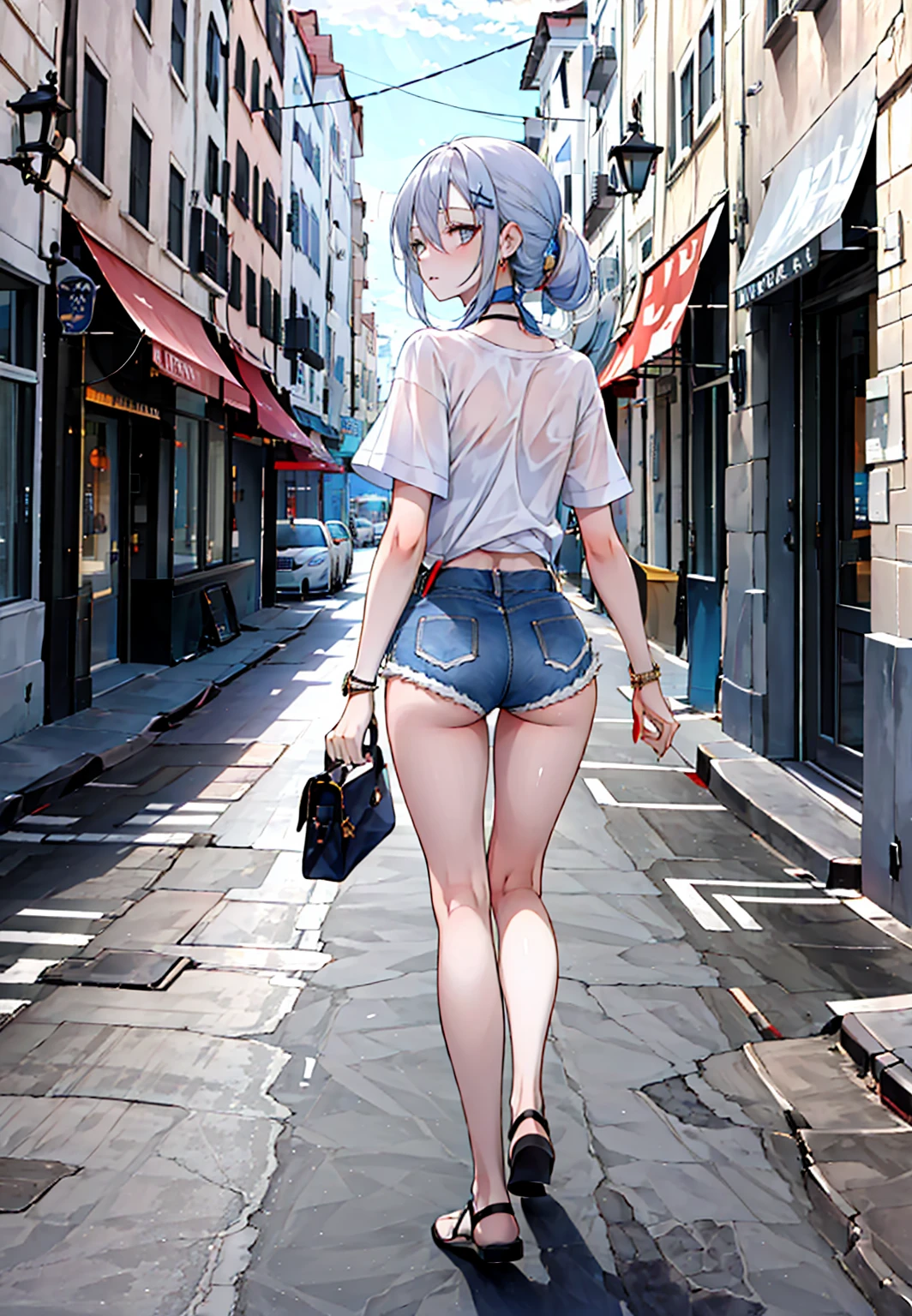 ((masterpiece,best quality)), highres, 1girl, hanya, white shirt, denim shorts, walking, street, looking back,