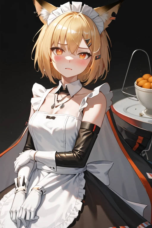 best quality, masterpiece, highres, solo, {maid:1.40}, {long maid dress:1.15}, {vermeil_arknights:1.15}, animal_ears, fox_ears, blonde_hair, short_hair, hair_ornament, hairclip, animal_ear_fluff, notched_ear, bangs, fox_girl, hair_between_eyes, orange_eyes, jewelry, blush, upper_body, oripathy_lesion_\(arknights\), necklace, cape, ear_piercing