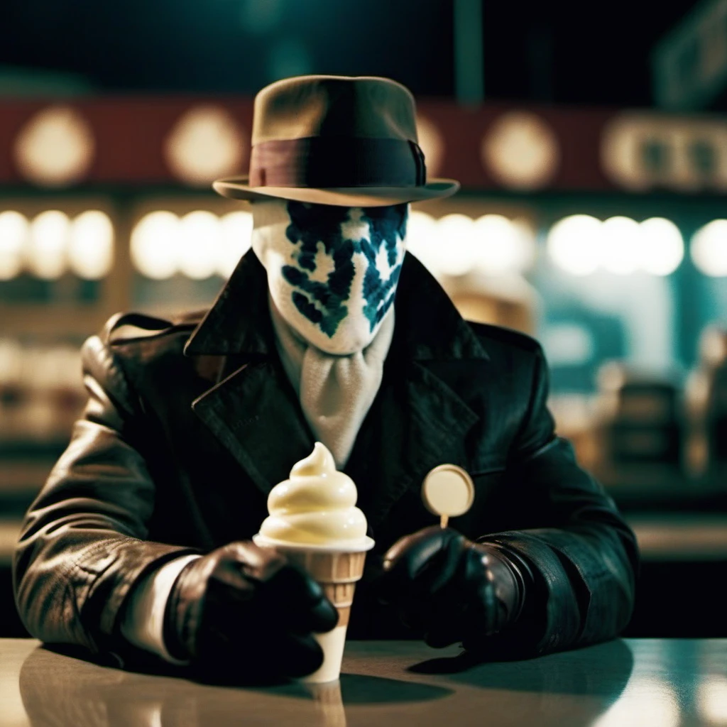 cinematic photo, Rorschach1024, a man with a hat, vintage icecream store, hold an icrecream, . 35mm photograph, film, bokeh, professional, 4k, highly detailed <lora:Rorschach1024:0.8>