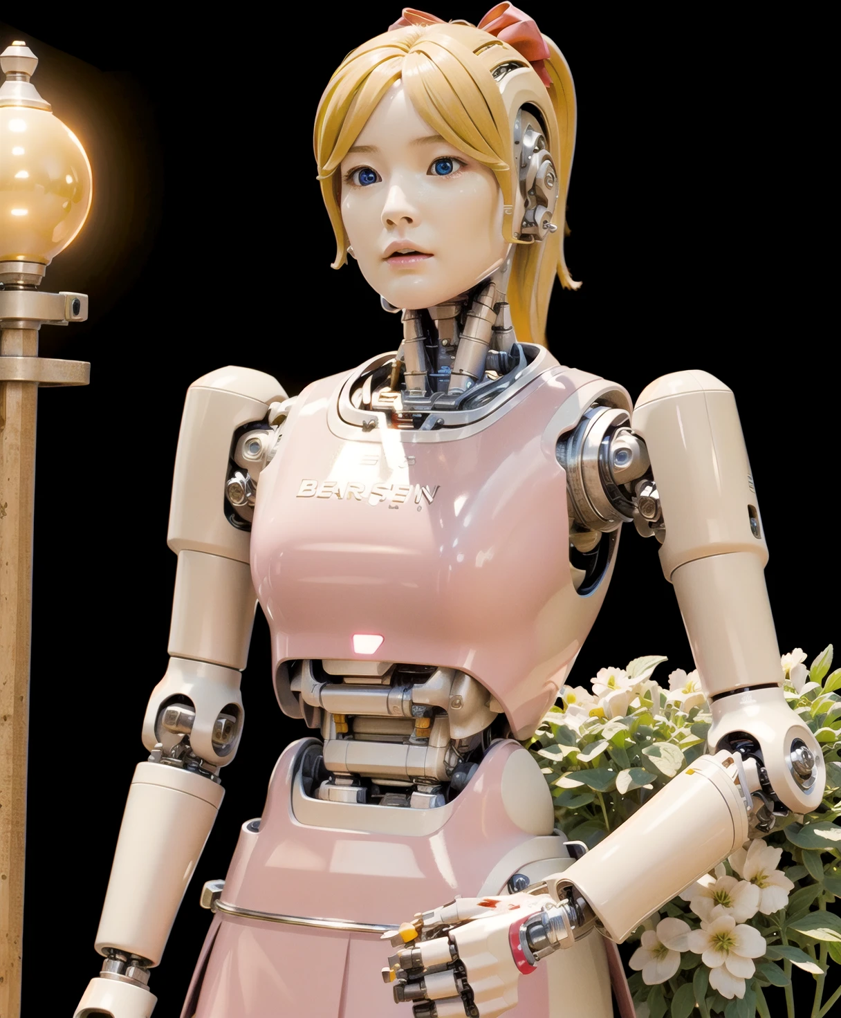 The beautiful robot girl, with her porcelain skin and ravishingly detailed face, excitedly aims her devastating ray gun while her glowing armor reflects the high-res, reflective light, showcasing the meticulous polishing.highres, intricate detailed, masterpiece, HDR, wide shot, (excited:1.3), detailed cg, delicate mechanical body, detailed eyes and detailed face, 8k resolution, beautiful face, aiming, <lora:KingsGynoid:0.65>, photorealistic, (kingsman 2:1.4), weapon, (mechanical hair:1.3), (beautybot:1.4), robot girl, android, porcelain skin, hair bow, reflective sheen, porcelain skin, robotic face, ray gun, looking to the side, ravishing, glowing armor, (robot ears:1.3), (glowing pupils:1.2), robot joints, metallic texture, metal skin, wide-eyed, 1other, porcelain skin, mechanical skirt, mechanical parts, Panasonic Lumix DMC-ZS40 / TZ60, depth of field, ultra sharp focus, best illumination, official art, 3d, floating, airbrush, A lively outdoor market delights the senses, with stalls overflowing with fresh produce, aromatic spices, handmade crafts, and the lively banter of vendors and customers., holding gun,