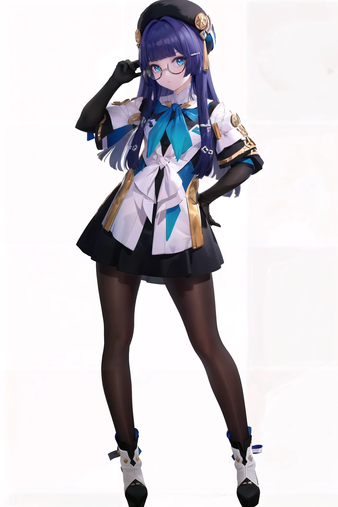 8k, best quality, masterpiece, (ultra-detailed:1.1), (high detailed skin),
(full body:1.2), white background, standing, looking at viewer, (solo:1.3), hand on hip,
<lora:pela-v100-000028:0.9:lbw=OUTALL>,pela, 1girl, pantyhose,elbow gloves, glasses, hat, long hair, blue eyes, bangs,high heels,skirt, long sleeves,
(white background, simple background,:1.4),
<lora:EnvyBetterHands LoCon_beta2 è¾
å©:0.55>, ( good hands, nice hands:0.5),
(beautiful_face), ((intricate_detail)), clear face,
((finely_detailed)), fine_fabric_emphasis,
((glossy)), full_shot,