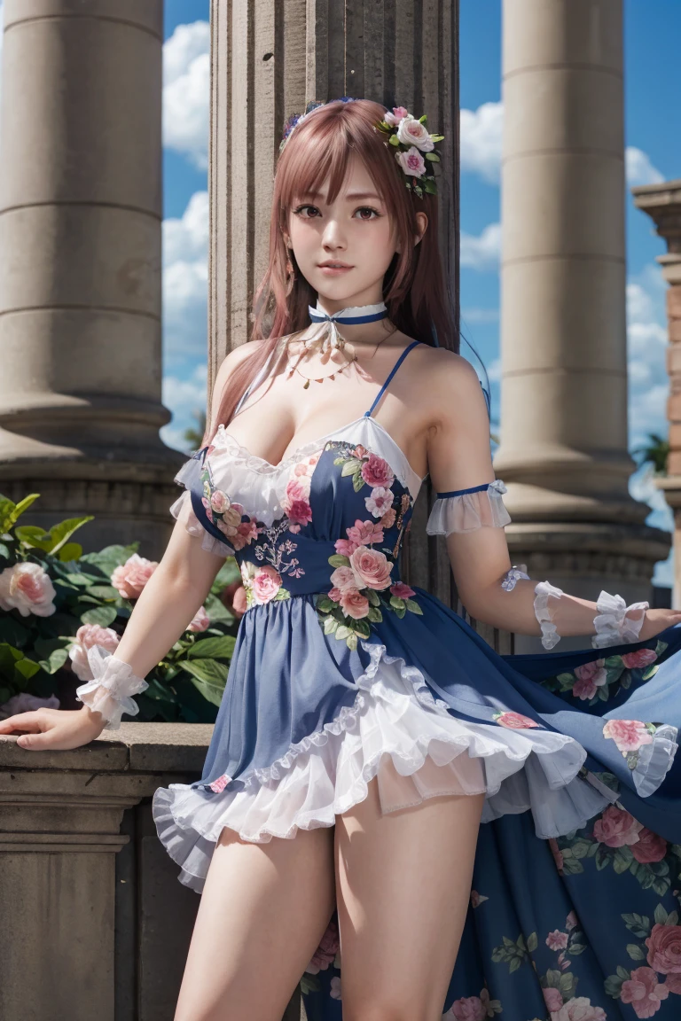 <lora:doa_honoka:0.7> honoka, 1girl, floral dress, tulle, roman column, ruins