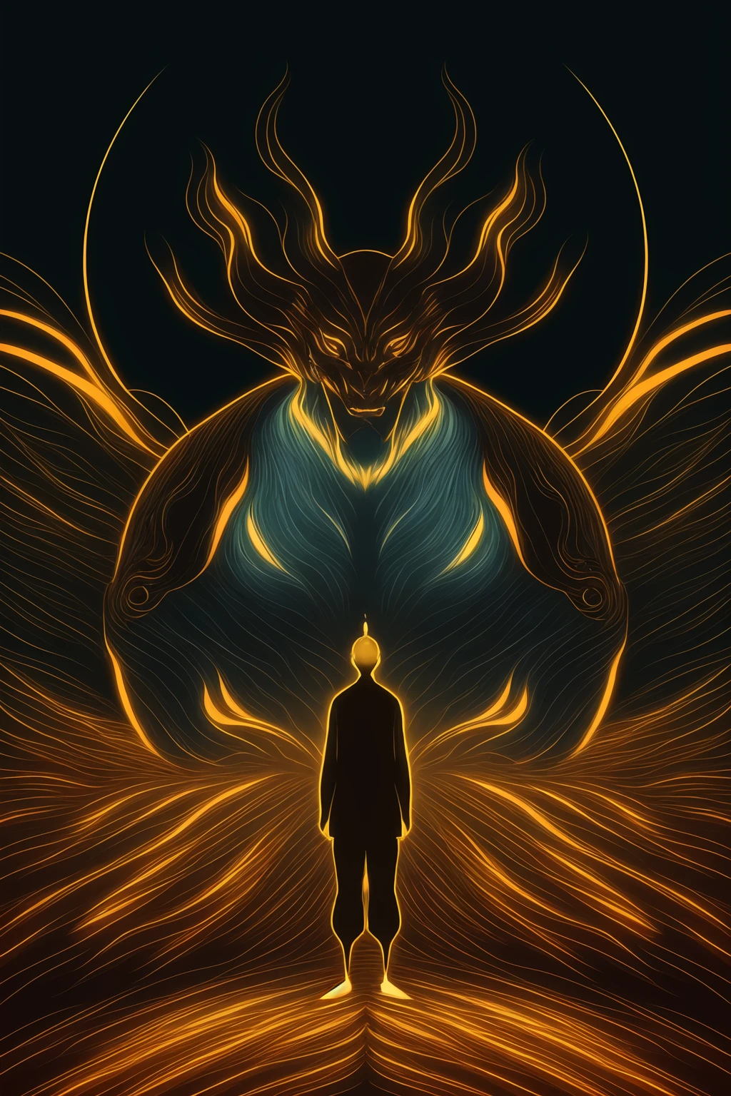 a man stand in front of the projection of immortal,<lora:eastern_mythology_v1_512:0.5>,tangka,