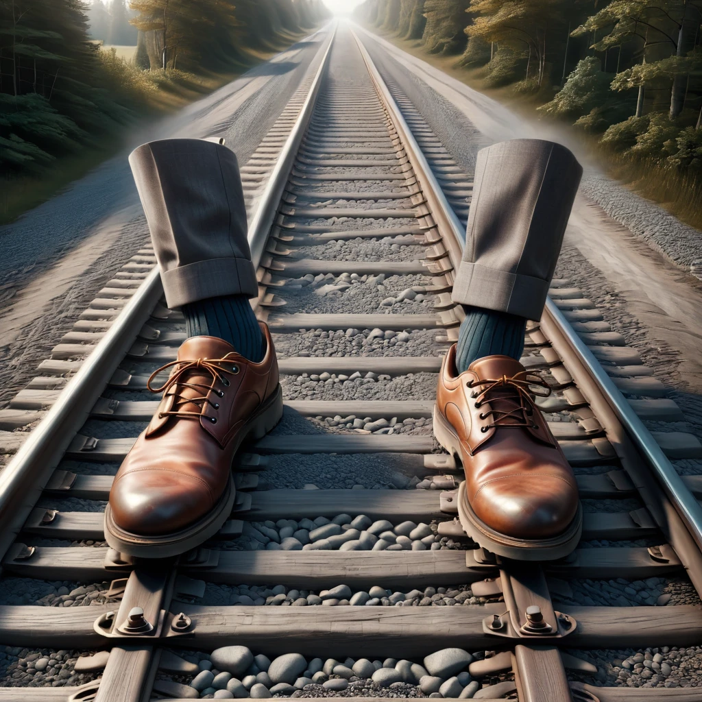 Surrealist art <lora:FF-Style-Dall-e-FFusion-Surrealism:1> a mans feet on a train track, erik johansson style, biomechanical railroad, jacek yerka and vladimir kush, platforms, alex andreev, erik johansson, surreal gediminas pranckevicius, surreal 3 d render, detailed conceptual photography, sylvain sarrailh and igor morski, surreal object photography, surreal photography, creative photo manipulation . Dreamlike, mysterious, provocative, symbolic, intricate, detailed