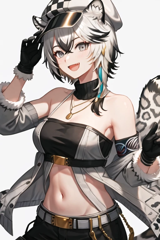 best quality, masterpiece, highres, solo, {cliffheart_arknights:1.15}, animal_ears, leopard_ears, short_hair, grey_hair, bangs, hair_between_eyes, animal_ear_fluff, smile, hat, jewelry, grey_eyes, white_headwear, cabbie_hat, necklace, breasts, sleeveless, leopard_tail, tail, upper_body, multicolored_hair, open_mouth, white_hair, bandeau, navel, armband, midriff, black_hair, medium_breasts, 1girl, fur_trim, jacket, looking_at_viewer, open_clothes, sweater, turtleneck, turtleneck_sweater, black_gloves, fang, gloves, grey_sweater, official_alternate_costume, ribbed_sweater, simple_background, :d, white_background