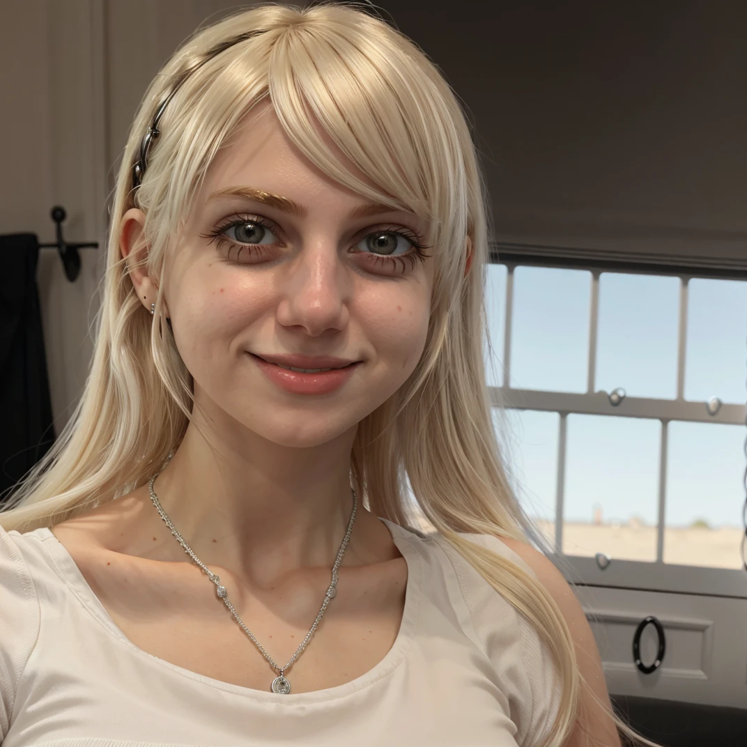 <lora:marymorgan_v5:1>, marym0rgan, 1girl, solo, brown eyes, platinum blonde hair, black shirt, long hair, smile, jewelry, realistic
